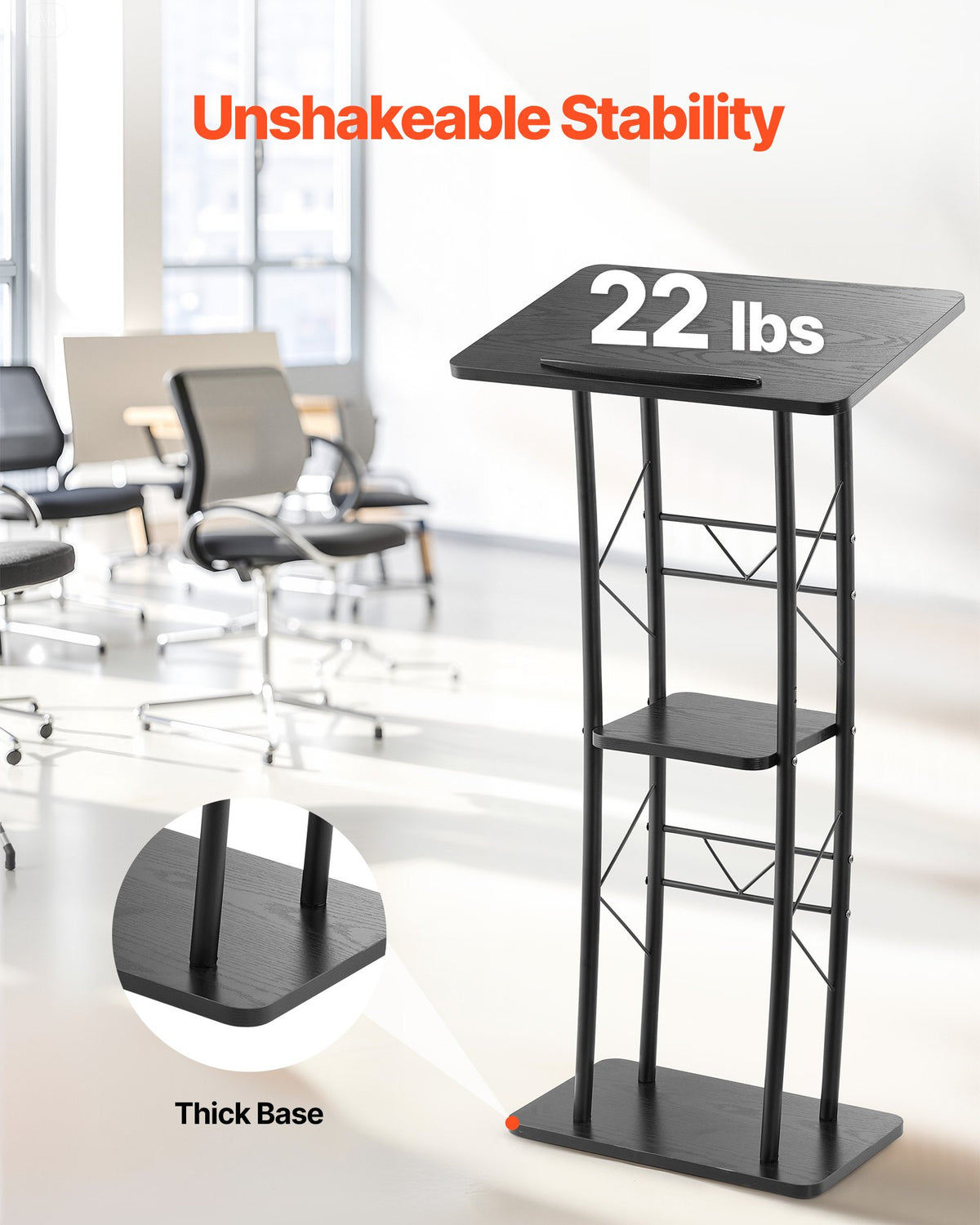 VEVOR Podium Stand, 1180 mm Metal Lectern, Curved Standing Podium with Wide Reading Surface, Open Storage Compartment, Book Stopper, Cup Holder, for Classroom, Wedding, Conference, Speech, Concert