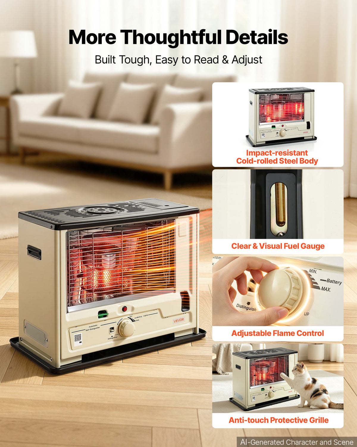 VEVOR Cordless Radiant Kerosene Heater, 10000 BTU Portable Space Heater, for Home, Garage, Camping, Workshop, Emergency, Outdoor Activity, with Flame Control, Tip-Over Shutoff, Funnel, Batteries