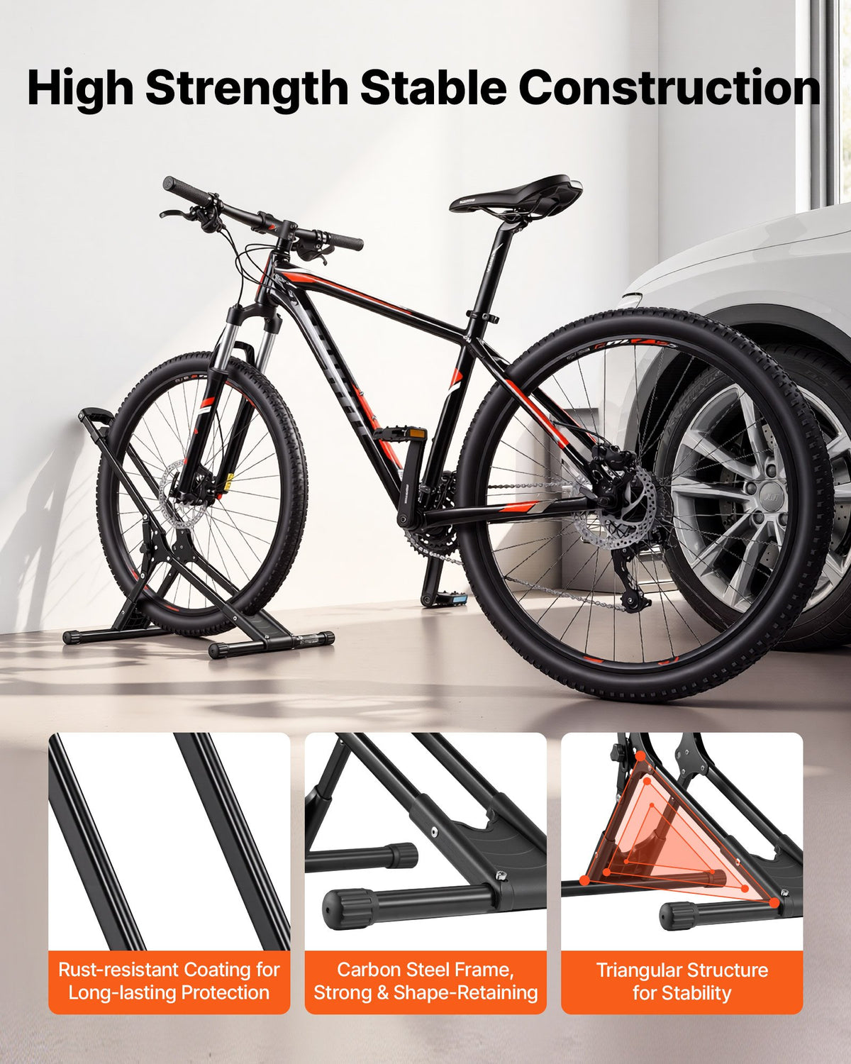 VEVOR Bike Stand, Foldable Freestanding Bike Storage Rack, Carbon Steel Garage Bicycle Floor Stand, Fits 508-737 mm Wheel Diameters, Drill-Free Installation, Ideal for Garage, Apartment, Home, Black
