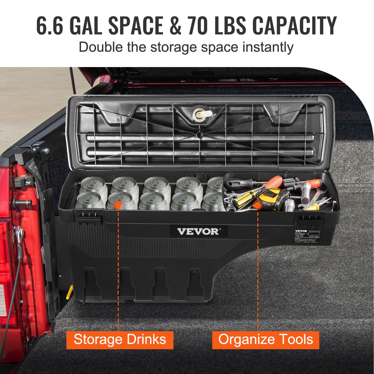 VEVOR Truck Bed Storage Box, Lockable Lid, Waterproof ABS Wheel Well Tool Box 6.6 Gal/20 L, Compatible with Chevrolet Silverado 1500 GMC Sierra 1500 2019-2020, Driver Side, Black