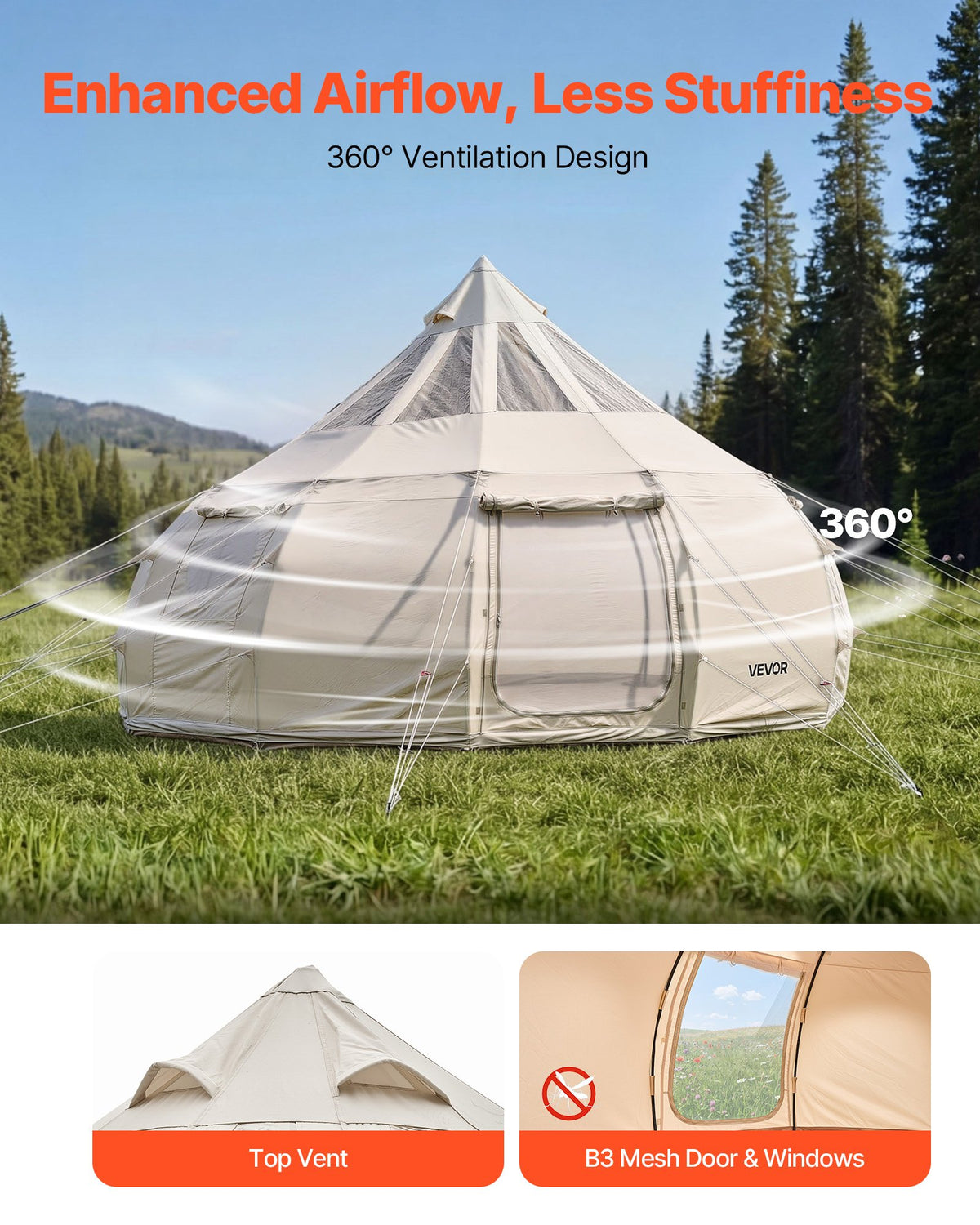 VEVOR Canvas Bell Tent, 4 Seasons 5 m Yurt Tent for Camping with Stove Jack, Poly-Cotton Canvas, Breathable Holds up to 12 People with Rain Cover, for Family Camping Glamping Outdoor Hunting Party