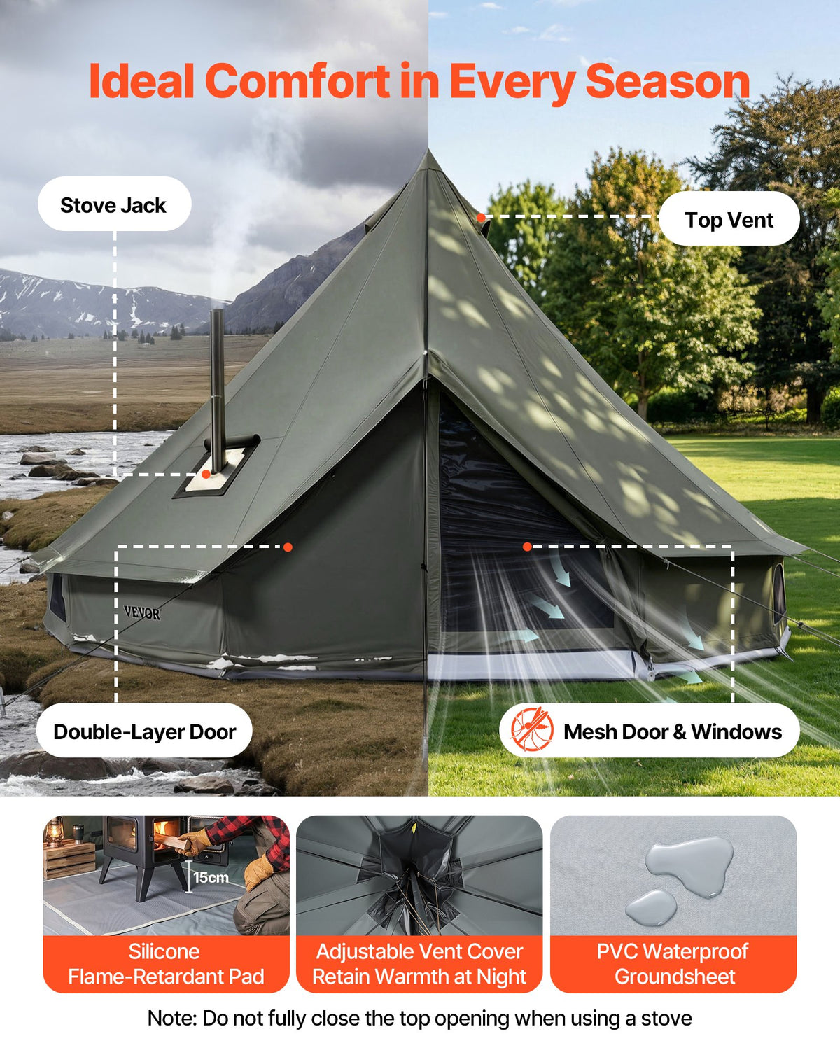 VEVOR Canvas Bell Tent, 4 Seasons 3 m Yurt Tent for Camping with Stove Jack, Canvas Breathable Holds up to 3 People with Zipped Detachable Floor, for Family Camping Glamping Outdoor Hunting Party