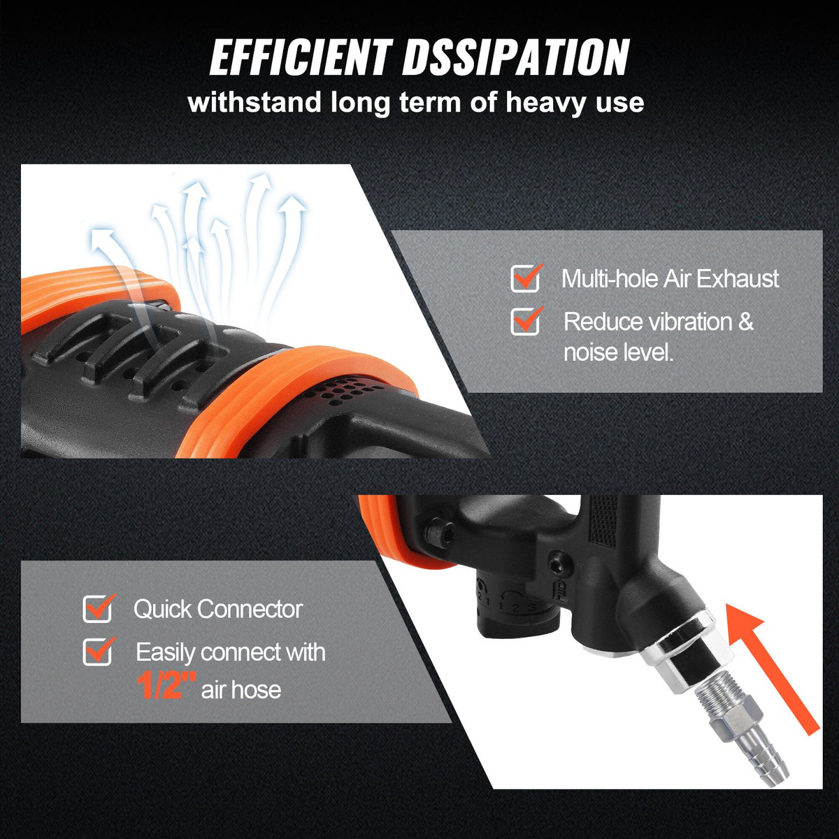 VEVOR 2.5 cm Air Impact Wrench, Up to 7016.37 N·m Beast Reverse Torque Output Pneumatic Impact Gun w/ 20cm Extended Anvil for Repairs and Maintenance of Heavy Duty Machinery / Semi-Truck / Bus