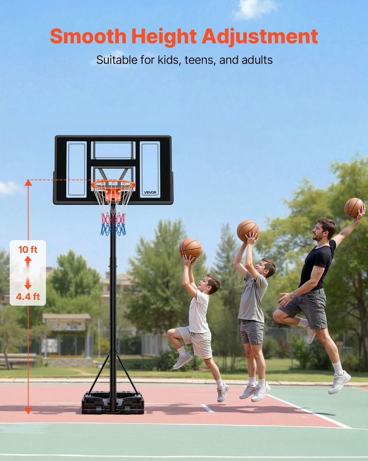 VEVOR Portable Basketball Stand, 1.35 to 3.05m Height Adjustment Basketball Hoop & Goal, Adjustable Basketballs Goal System with Built-in Rolling Wheels for Kids, Teens, Adults in Driveways, Pools