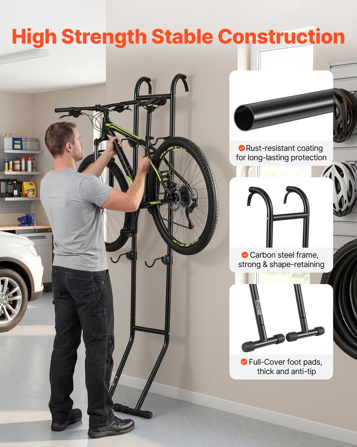 VEVOR Bike Stand for 2 Bikes, Freestanding Vertical Bike Storage Rack, with Height-Adjustable Hooks, Heavy-Duty Carbon Steel Standing Bicycle Floor Stand, Ideal for Garage, Apartment, Home, Black
