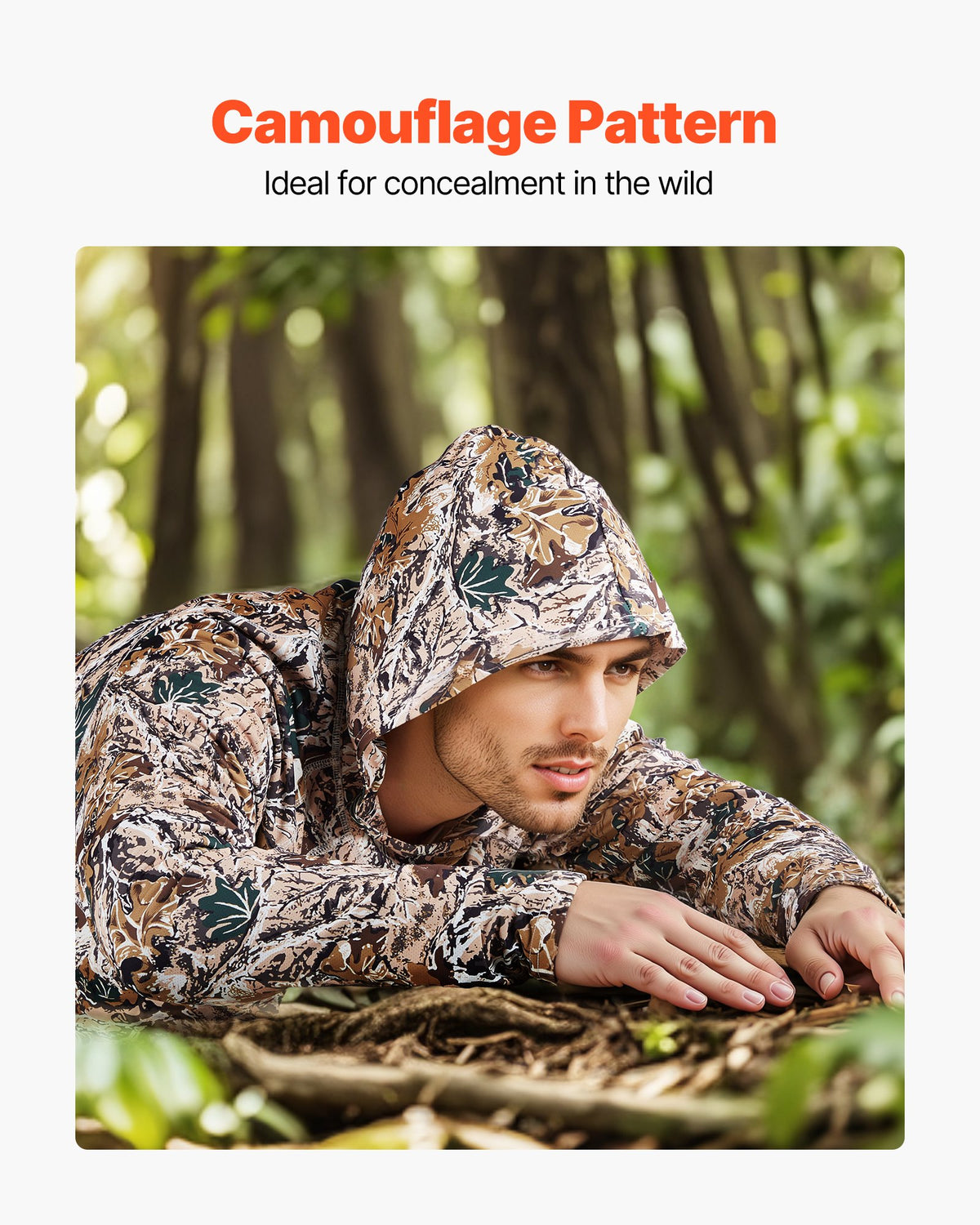 VEVOR Camo Hoodie, X-Large Size, Men Pullover Hooded Sweatshirt, Moisture Wicking & Breathable, Quick-dry, Hiking Fishing Shirt with Hood, Long Sleeves Hunting Shirts for Spring & Summer Outdoor Work