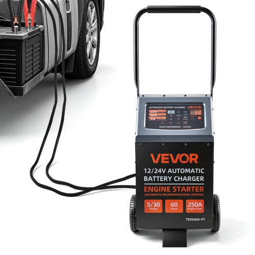 VEVOR 12V/24V Wheeled Battery Charger 250A/125A Car Charger Engine Starter, Heavy Duty Automotive Car Battery Maintainer, Fully Automatic, with Wheels, Compatible with Lead-Acid and Lithium Batteries
