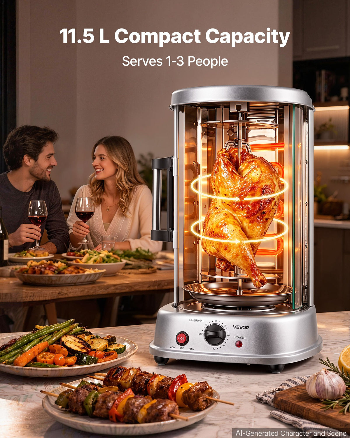 VEVOR Countertop Vertical Rotating Oven 11.5L Rotisserie Shawarma Machine, 1500W Kebab Grill Roaster with Heat-Resistant Door, Drip Tray, and Timer Control, Kebab Rack with 7 Skewers