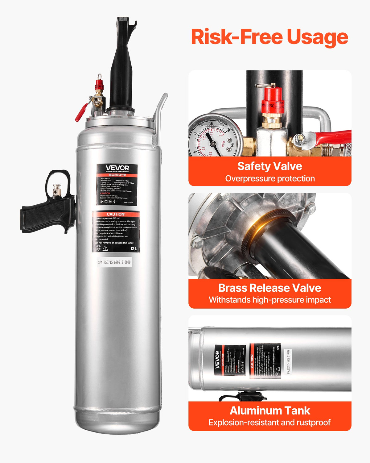 VEVOR Portable Tire Bead Seater, 3.2 Gal / 12 L Air Bead Blaster, Handheld Tire Inflator Tool, 87-116 PSI Operating Pressure, Trigger Seating Inflator for Car, Compact SUV, Light Truck, E-Bike, RV, ATV
