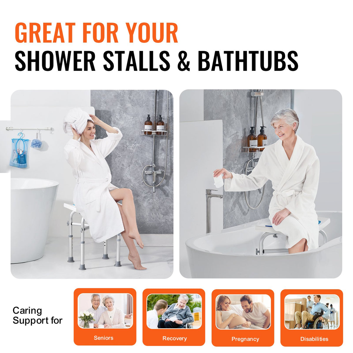 VEVOR Shower Chair, Adjustable Height Shower Stool with Crossbar Support, Shower Seat for Inside Shower or Tub, Non-Slip Bench Bathtub Stool Seat for Elderly Disabled Handicap, 226.8 kg Capacity