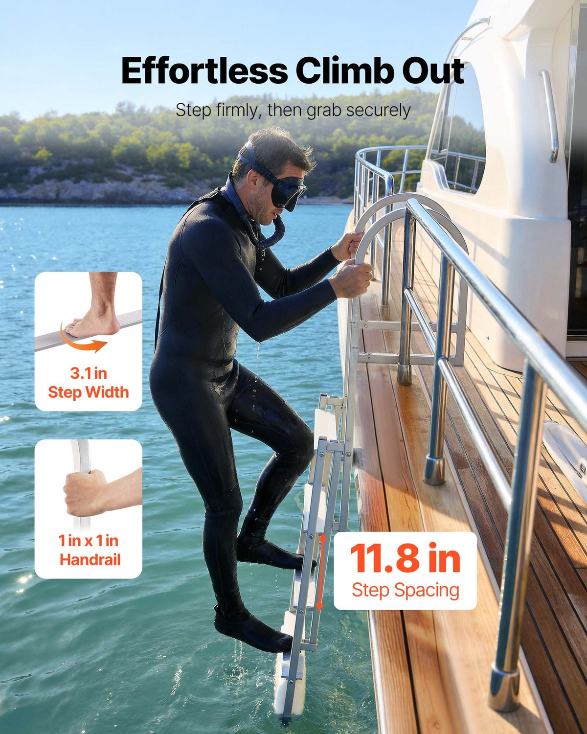 VEVOR Retractable Dock Ladder, 4 Steps, Aluminum Alloy Pontoon Boat Swim Ladder with Auto-Lift Float, Non-Slip Wide Steps, 227 kg Weight Capacity, Adjustable Height, for Lake Pool Marine Boarding