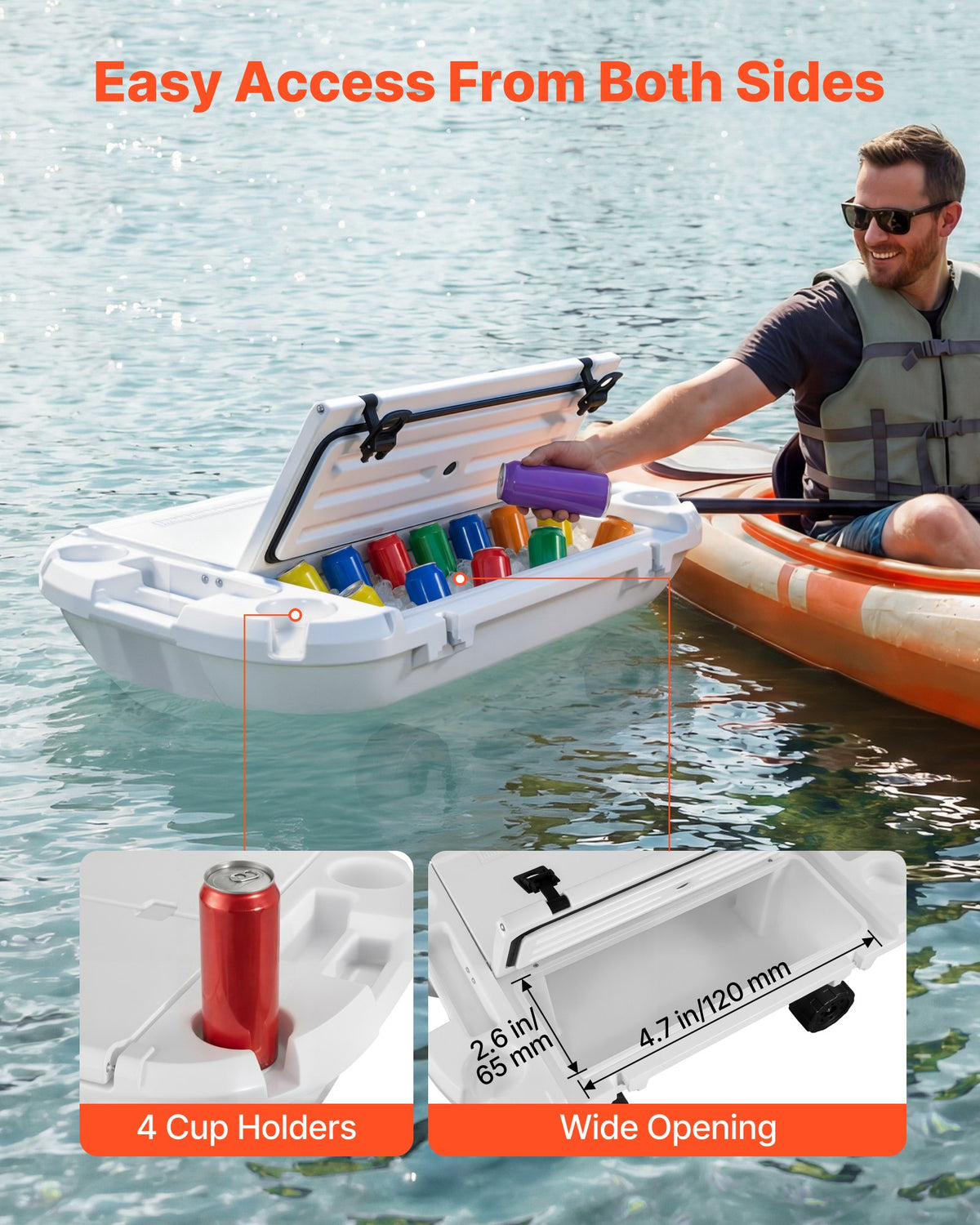 VEVOR Floating Cooler, 37.9 L Floating Ice Chest with Dry Storage, Wheels & Tow Rope, Premium LLDPE Amphibious Drink Cooler for Water & Land, Cruise Stable on Lake, River, Pool, Beach, Kayak, White