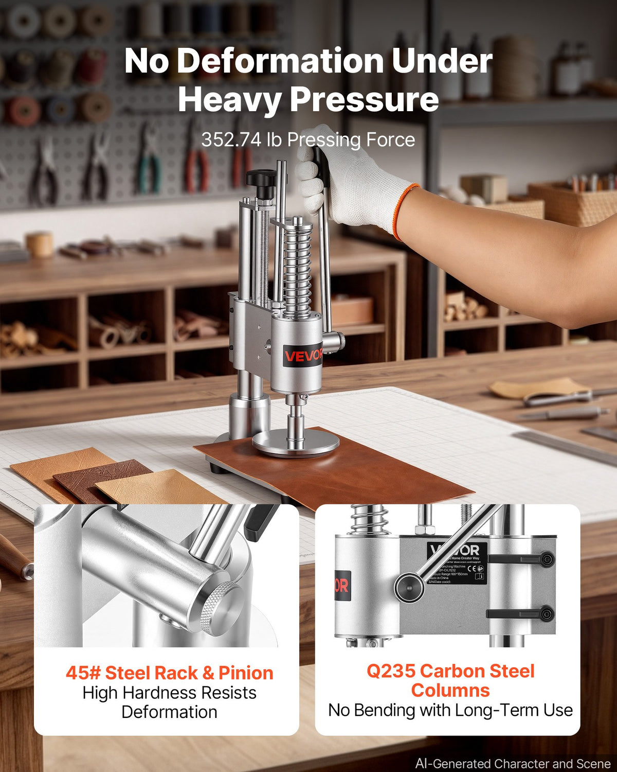 VEVOR Leather Punching Machine 10 x 10 cm Manual Leather Hole Puncher, Hand Punch Press, 160 kg Pressure, 40 mm Stroke, Chuck Fixation, Sturdy Structure, for Fabric, Paper, and Silicone