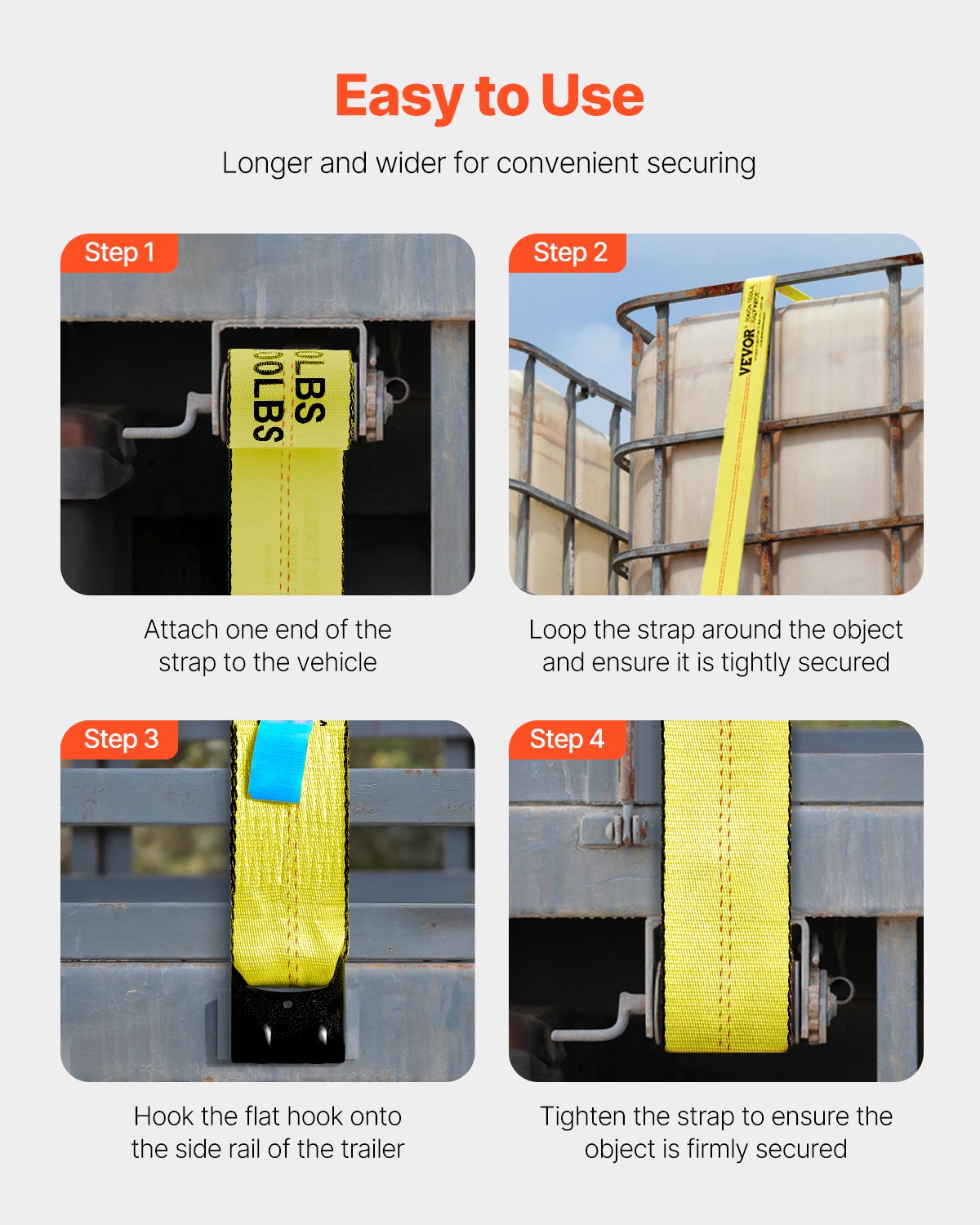 VEVOR Winch Straps, 10.2 cm x 9.1 m, 2722 kg Load Capacity, 8165 kg Break Strength, Truck Straps with Flat Hook, Flatbed Tie Downs Cargo Control for Trailers, Farms, Rescues, Tree Saver, Yellow (10 Pack)