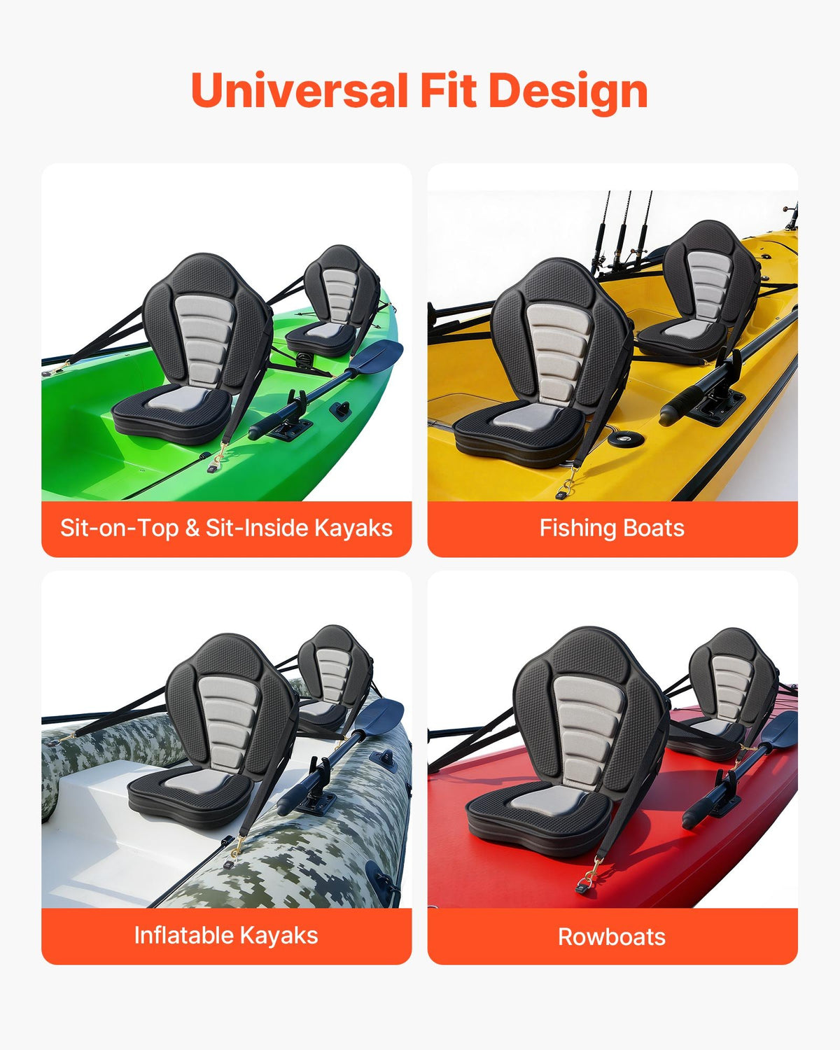 VEVOR Kayak Seat, 2 Pack 53 mm Thick, Universal Paddle Board Seat with Back Support, Sit-on-Top Soft Padded Cushion with Storage Bag & Adjustable Straps for SUP, Canoe, Fishing Boat, Inflatable Kayak