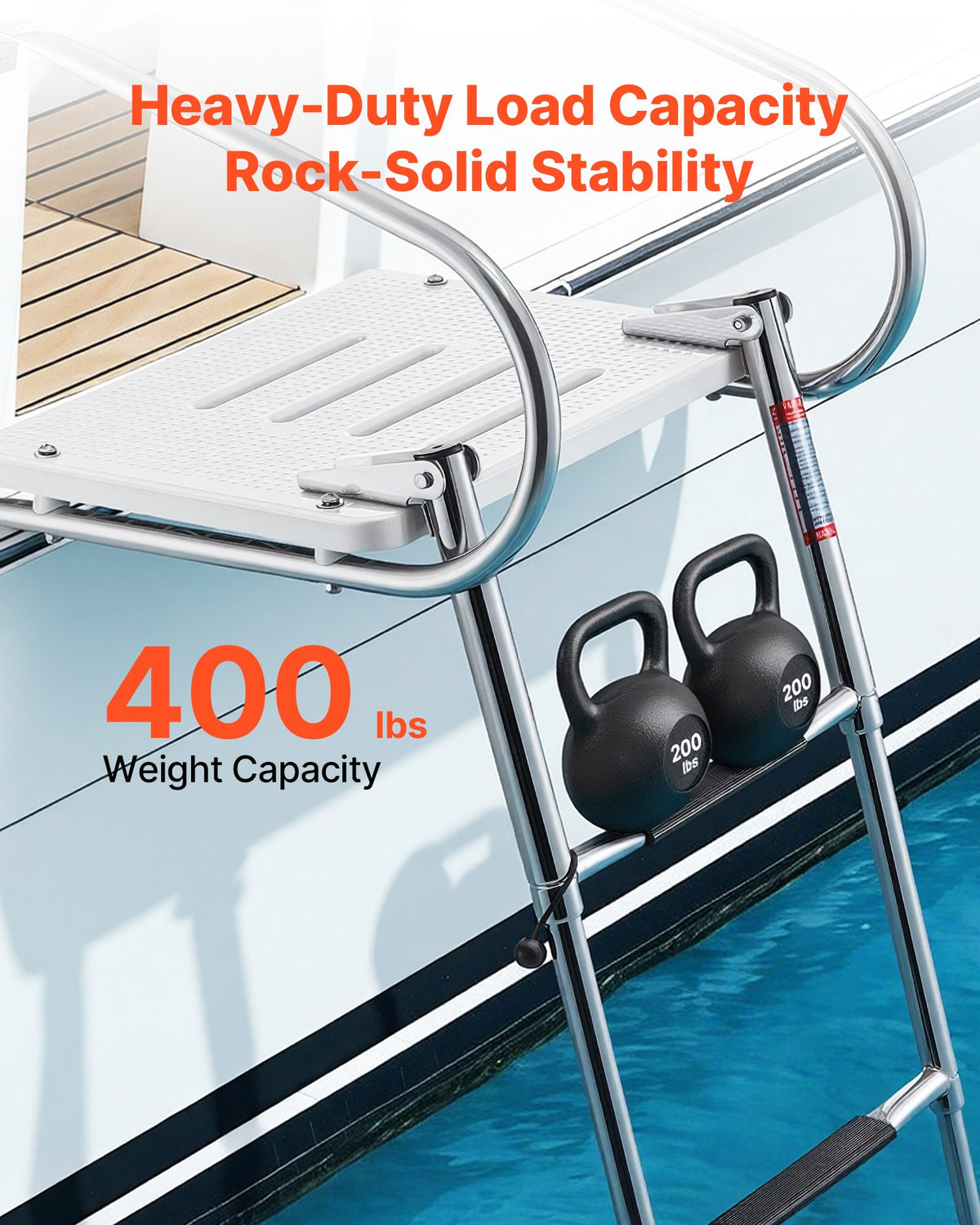 VEVOR Boat Ladder, 3 Steps, Stainless Steel Telescoping Folding Swim Deck Ladder for Rear Entry Inboard, 181.44 kg Capacity with Wide Anti-Slip Steps & Handrails, for Outboards, Yacht, Pontoon Boats