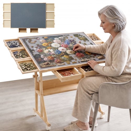 VEVOR 2000 Piece Puzzle Table with Legs, Wheels, 6 Drawers, Cover 102x73 cm, Gift for Mom, Portable Wooden Board, Felt Surface Jigsaw Puzzle Accessories for Adults, Adjustable Height Storage Organizer