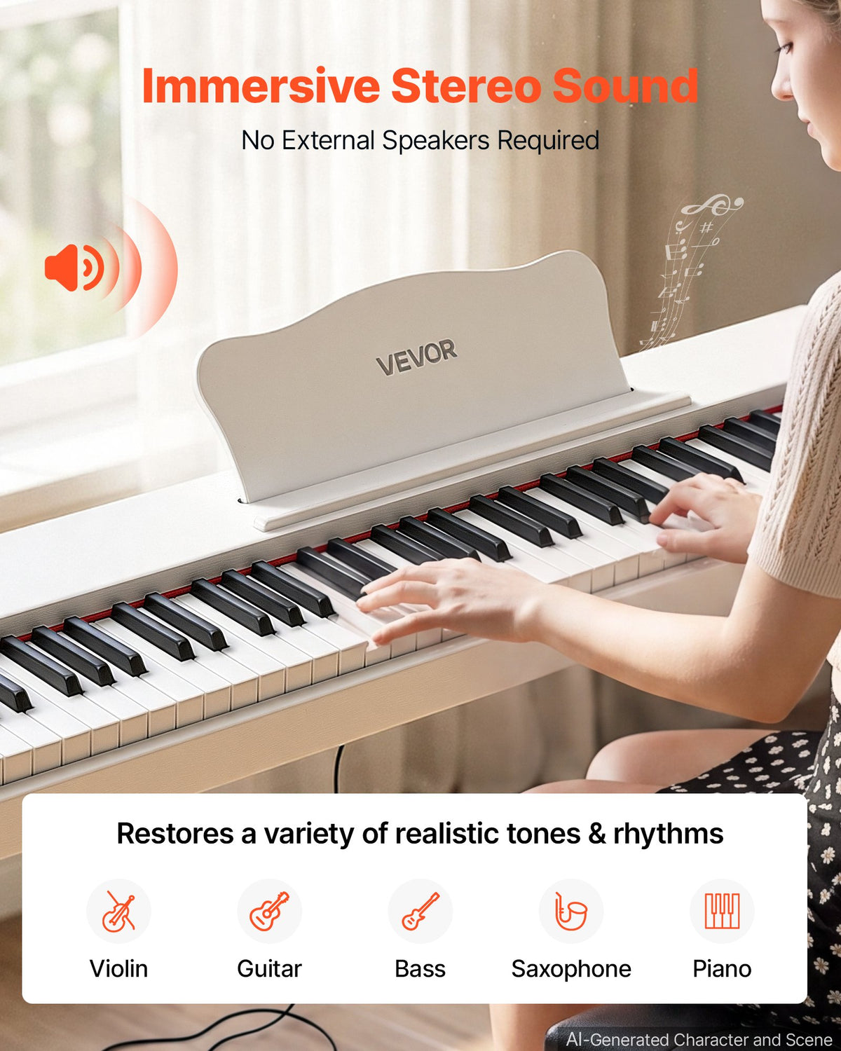 VEVOR Digital Piano 88 Keys Semi Weighted Full Size Keyboard Stand White, for Beginners, 600 Tones, 600 Rhythms, Electric Piano, with Sustain Pedal, Speaker, Headphone Jack, USB/MIDI, Power Adapter