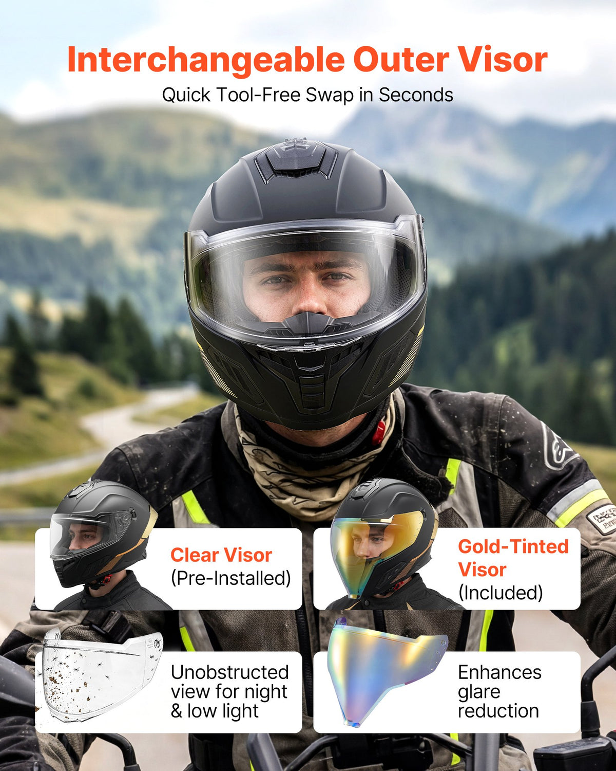 VEVOR Full Face Motorcycle Helmets, Dual-Visor Motorcycle Street Bike Helmet, Lightweight Comfortable Motocross Dirt Bike Helmet for Adults Men and Women - DOT & ECE Approved (M Size)