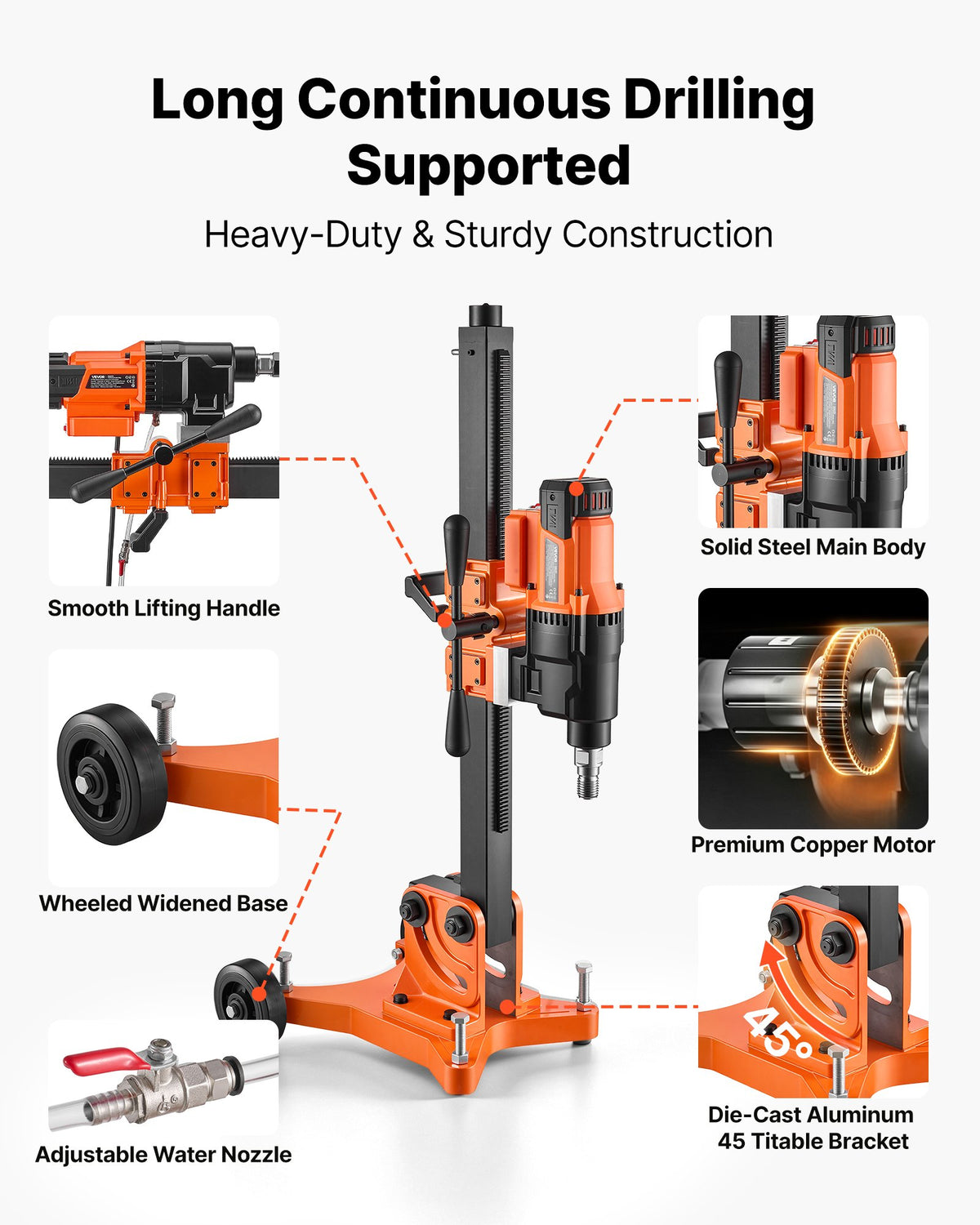 VEVOR Diamond Core Drilling Machine, 20-305mm Drilling Capacity, Dry/Wet Concrete Core Drill Rig with 12 Drill Bits, Tiltable Stand & Wheeled Base, 3000W (Max 3500W) 1000/550RPM, UNC1 1/4–7 Thread