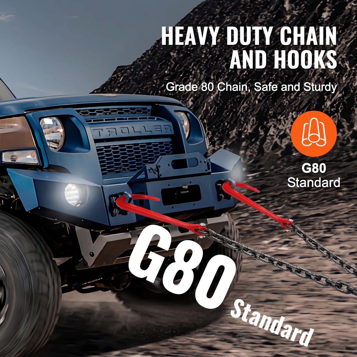 VEVOR G80 V Bridle Chain, 3/8" x 3' Towing Chain Bridle with 15" J Hooks and Grab Hooks, Heavy Duty Transport Tow Chain Bridle with 7800 lbs Safe Working Load for Flatbed Trailer Wrecker Recovery