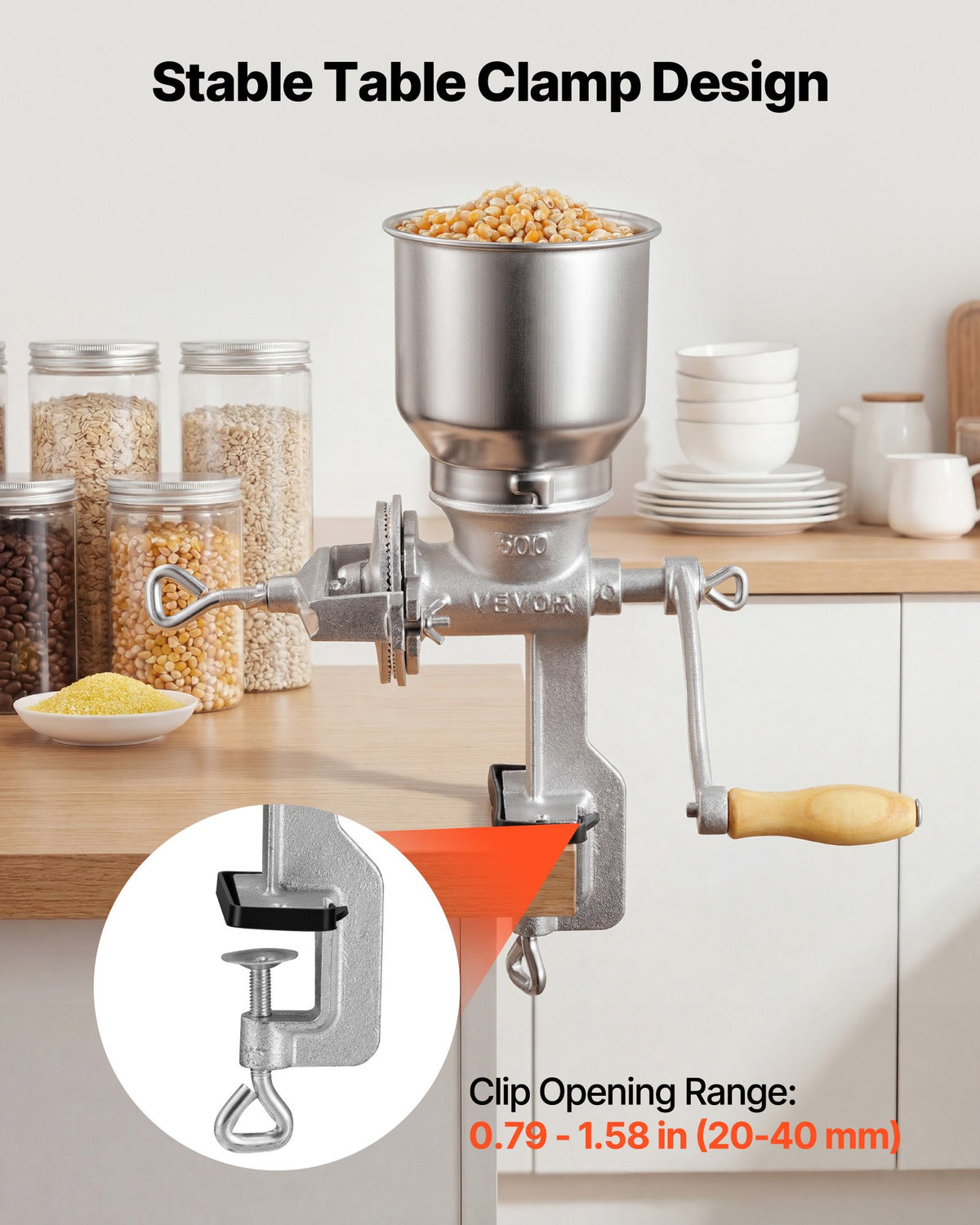 VEVOR Manual Grain Mill with High Hopper, Hand-Crank Corn Grinder, Heavy Duty Cast Iron Wheat Grinding Mill with Stable Table Clamp for Grains Spices Coffee Beans Nuts