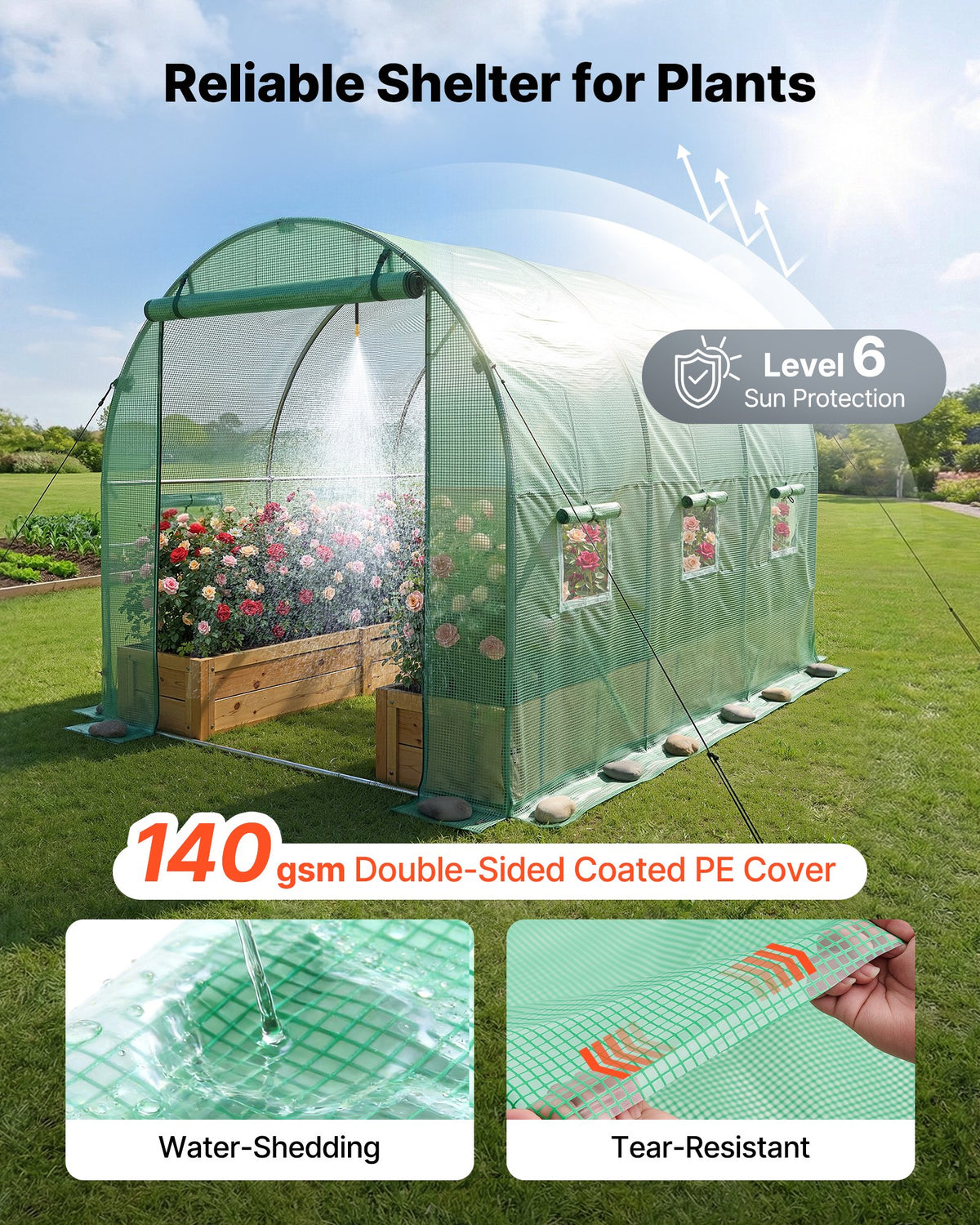 VEVOR Walk-in Tunnel Greenhouse, 2.93x1.97x1.94 m Hoop House Greenhouse Tunnel with Watering System, Plant Hot House with Steel Frame, PE Cover, Roll-Up Zipper Door and 6 Windows for Outdoors, Green