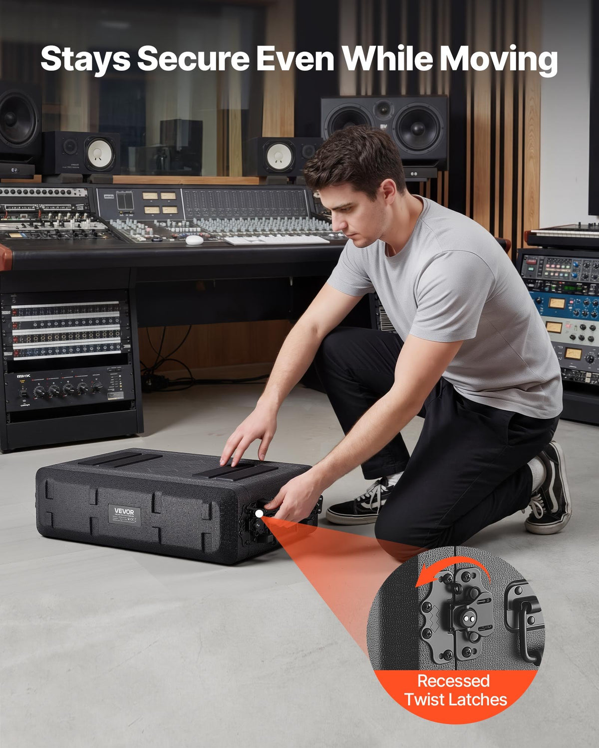 VEVOR 2U Rack Case, 260 mm Depth, Rackmount Flight Case Shallow Rack with Microphone Compartments, Polyethylene Construction, Recessed Twist Latches, Easy Installation, for Amplifier, Audio, DJ Mixer