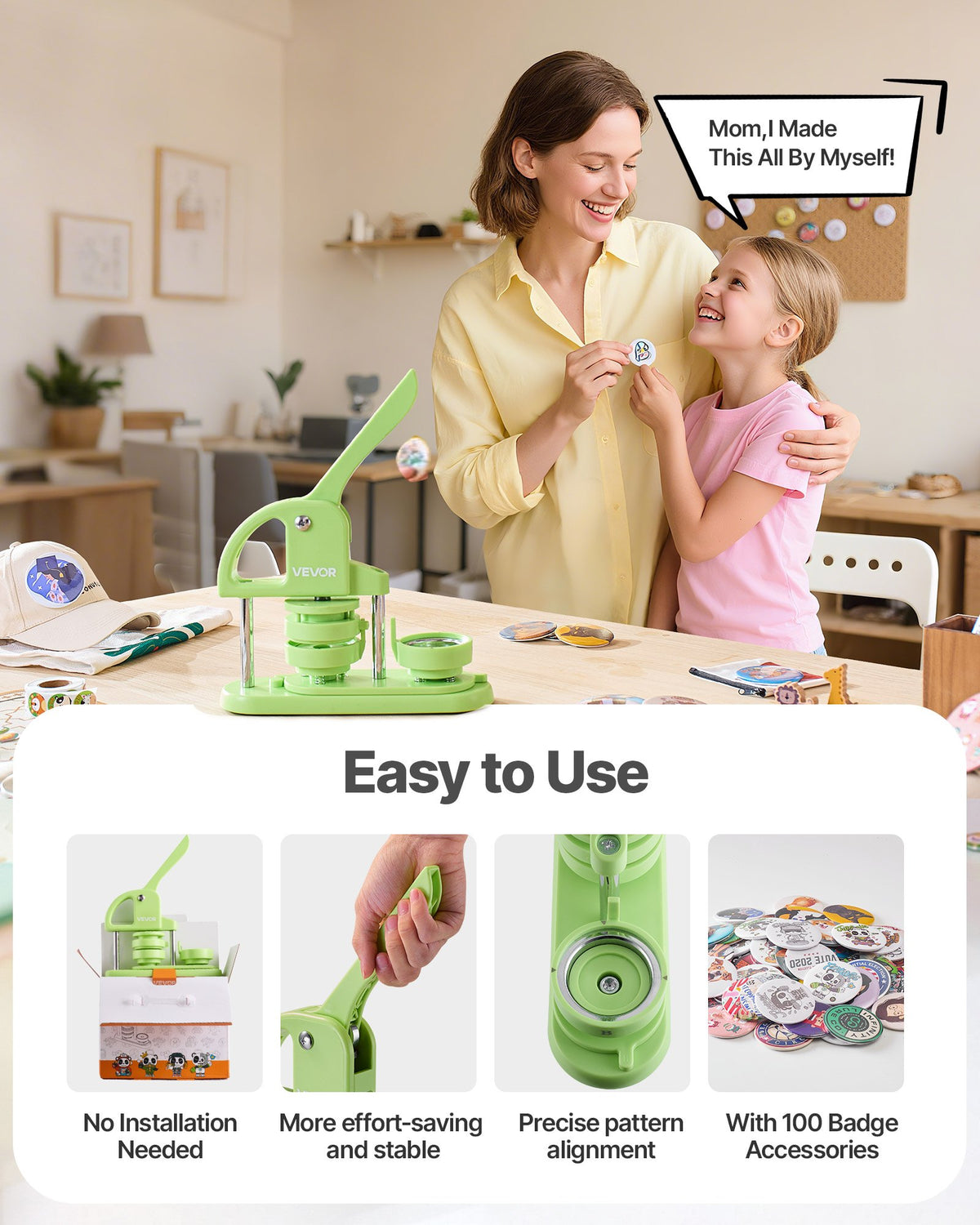 VEVOR Button Maker Machine, 58 mm, Plastic Pin Maker with 100pcs Button Parts, Circle Cutter and Hex Wrenches, Reinforced Ergonomic Handle, for DIY Badges, Personalized Pins and Key Chains, Green