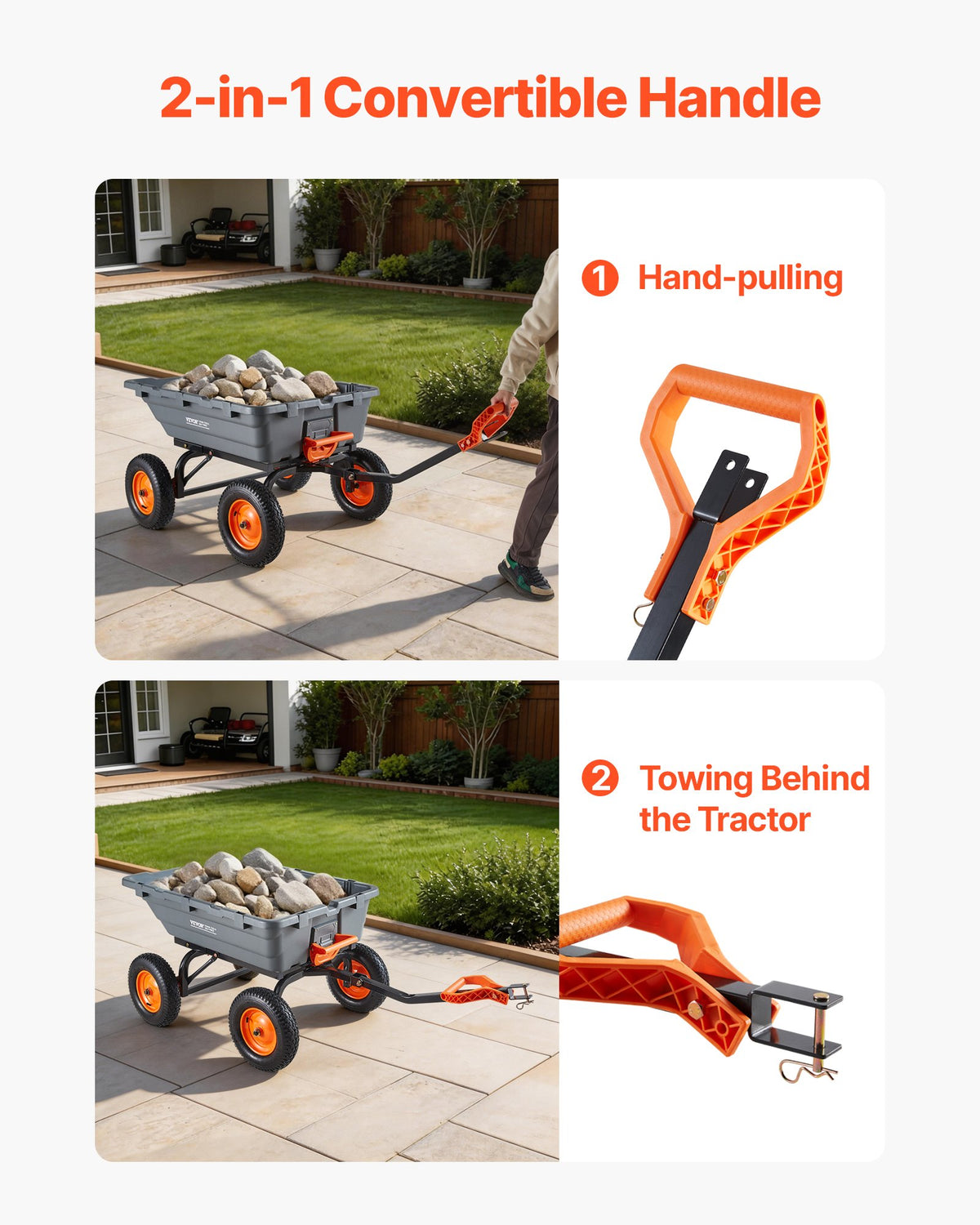 VEVOR Garden Dump Cart, 680kg Poly Dump Cart, Garden Carts Dumps Wagon with 90° Quick-Dumps Mechanism, Adjustable Handle, 270° Flexible Rotating Bearings, Yard Wagon for Plants, Soil, Crops