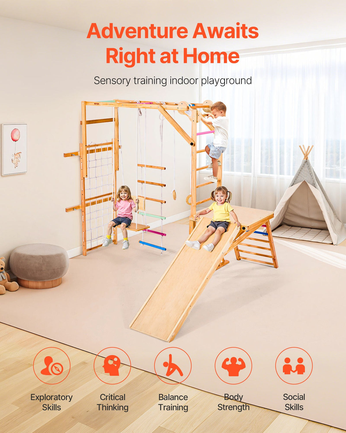 VEVOR Indoor Playground Jungle Gym, 8-in-1 Wooden Indoor Playground Playset, 100KG Loading Montessori Climbing Toys with Swing, Slide, Monkey Bar, Gym Rings, Wooden / Rope Ladder, Climbing Net & Bar