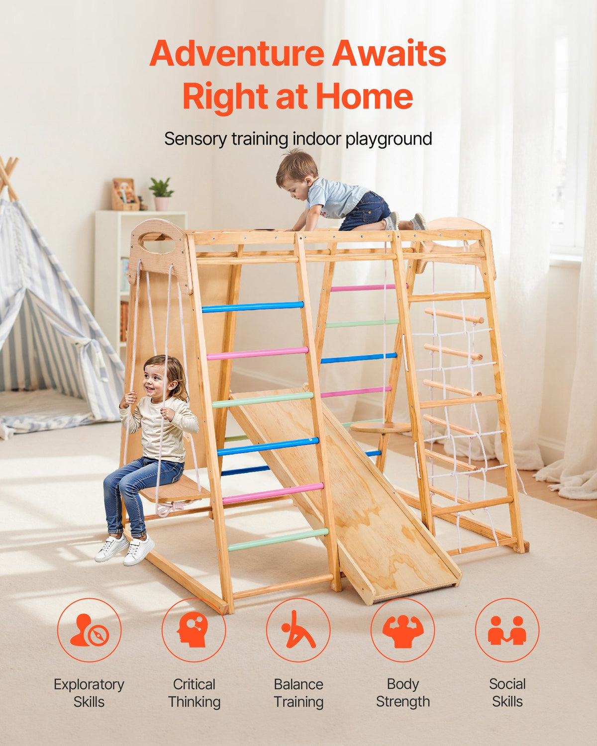 VEVOR Indoor Playground Jungle Gym, 9-in-1 Montessori Climbing Toys for Toddlers, 113KG Wooden Indoor Playground Playset with Monkey Bar, Swings, Slide, Rope / Wooden Ladder, Climbing Net, Bar & Rock
