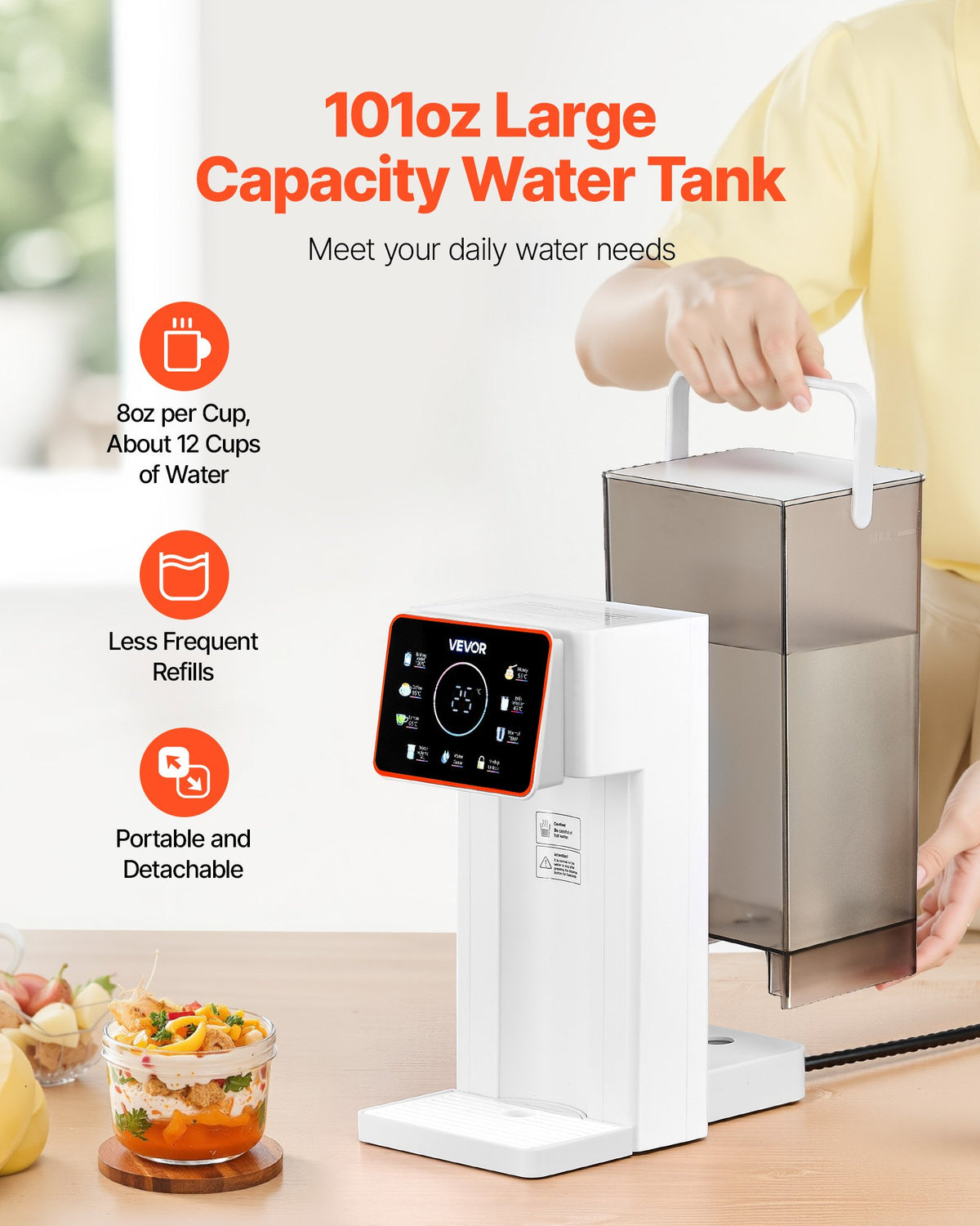 VEVOR Instant Hot Water Dispenser, Countertop Boiling Water Dispenser with Adjustable 6 Temps & 8 Water Volumes, 101oz(3L) Removable Water Tank, Quick Heating with Touchscreen & Child Lock for Home