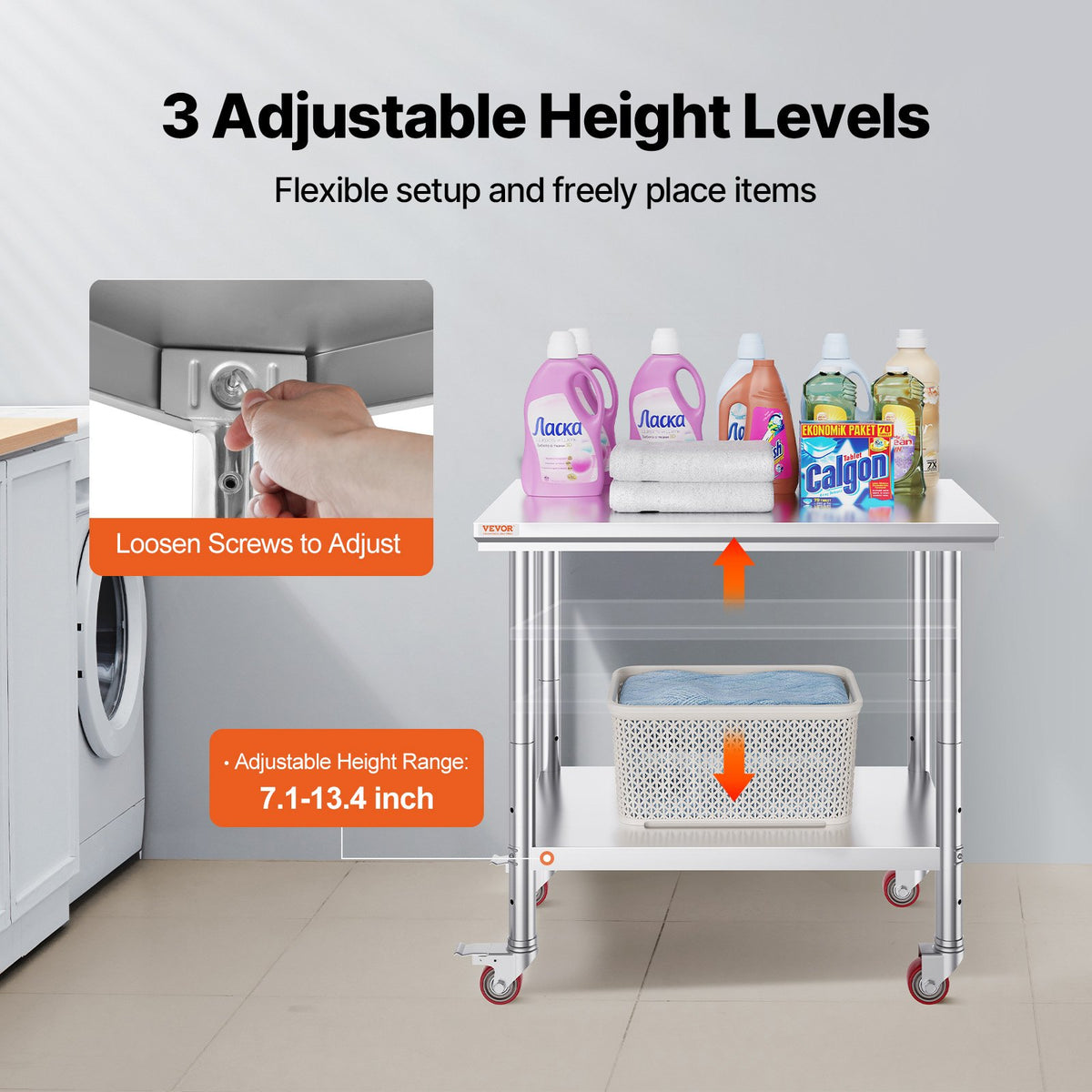VEVOR Stainless Steel Work Table 35 x 24 x 33 Inch, 300 LBS Load Capacity with 4 Wheels, 3 Adjustable Height Levels, Heavy Duty Food Prep Worktable for Commercial Kitchen Restaurant, Silver