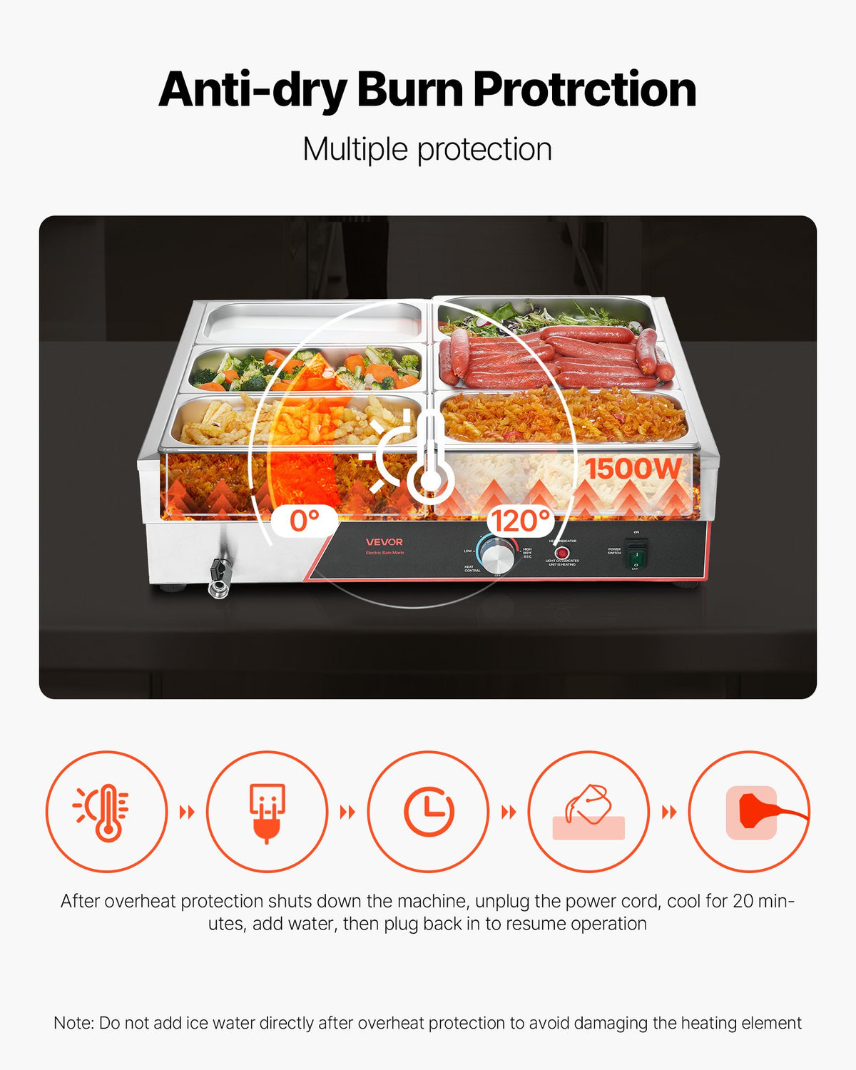 VEVOR Commercial Food Warmer, 1500W Electric Stainless Steel Steam Food Warming with Lid, 6-Pan Fast Heating Countertop Buffet Bain Marie with Power Cord, for Catering, Restaurant, Party & Buffets