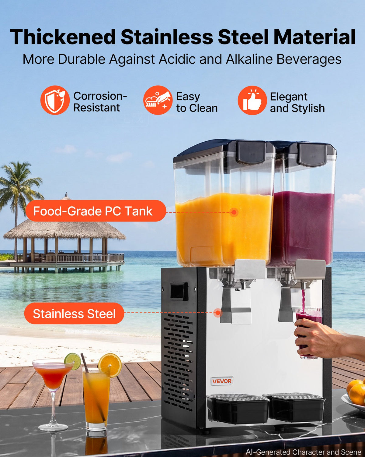 VEVOR Commercial Beverage Dispenser 2 Tanks 10 L / 10.6 QT Per Tank, Stainless Steel Juice Dispenser, Ice Tea Drink Machine with 7℃ to 12℃ Cooling Temperature, for Cold Drink Restaurant Bar Party