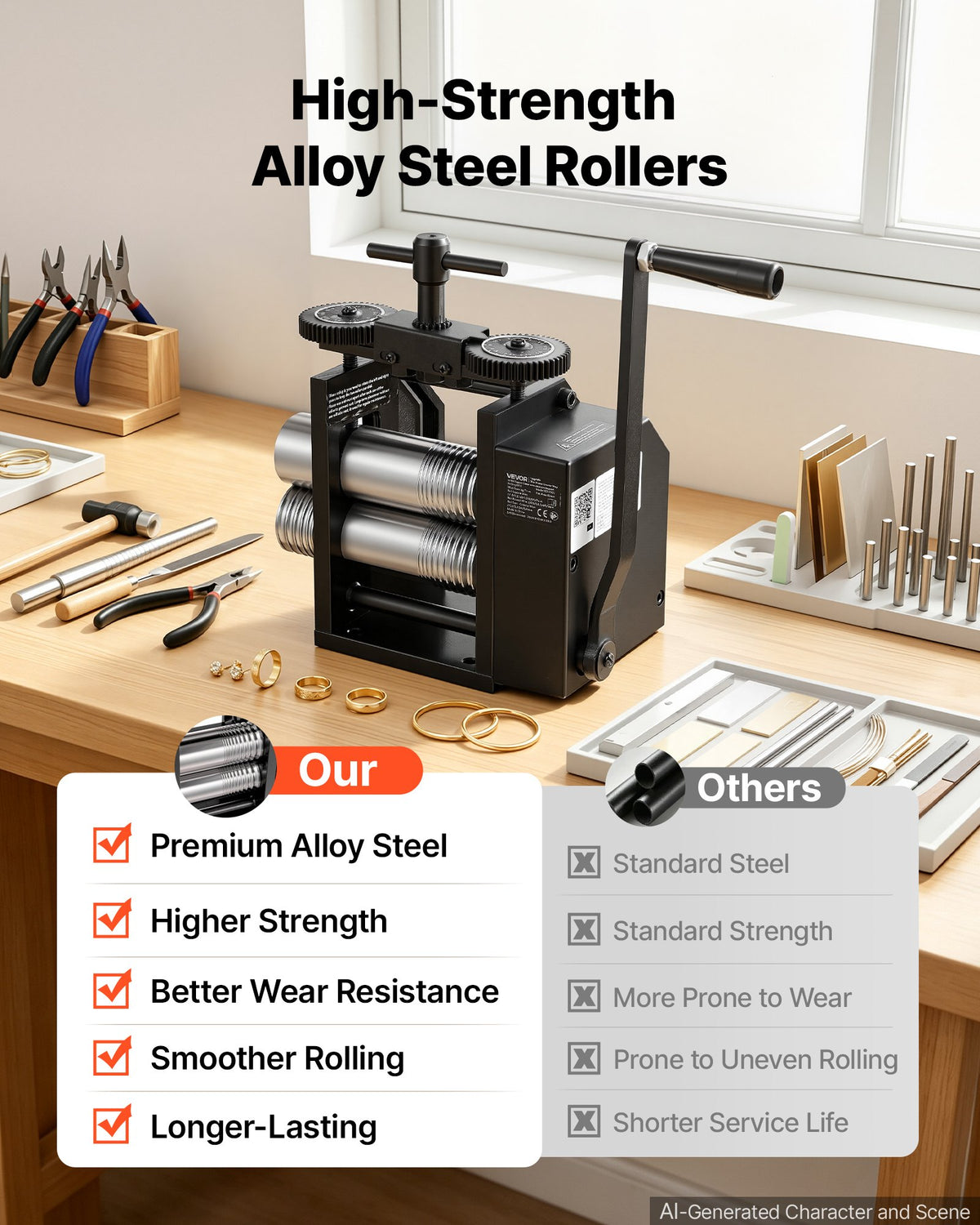 VEVOR Rolling Mill 4-in-1 Round Flat Square Half-Round Pressing Roller Mill, Manual Jewelry DIY Tool, 0.03-7 mm Adjustable Thickness, Stable & Even Rolling, for Ductile Metals, Gold, Silver, Copper