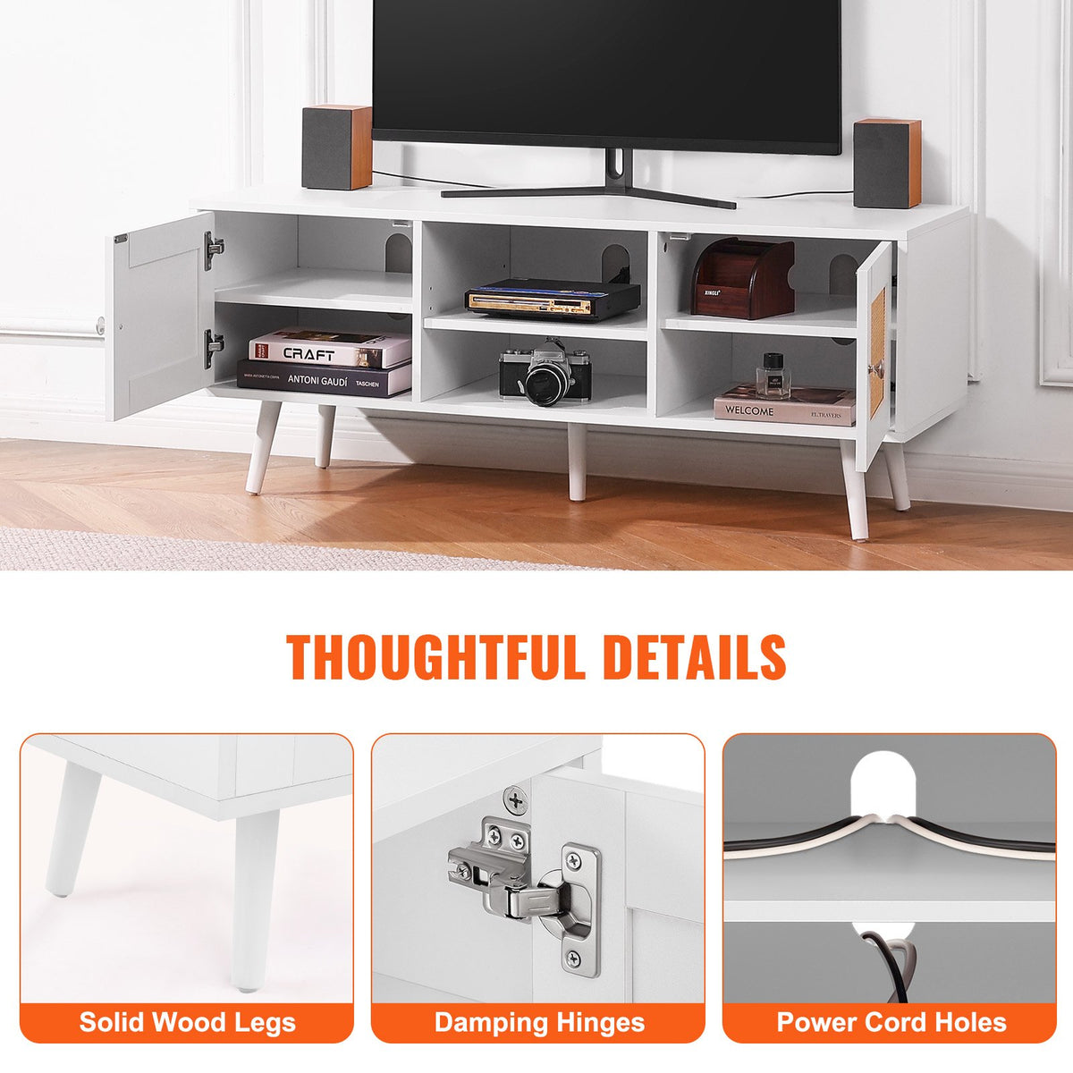 VEVOR Rattan TV Stand, Boho TV Cabinet for 55 inch TV, Mid Century Modern TV Stand, Rattan TV Console with Adjustable Shelfs for Living Room, Media Room, White