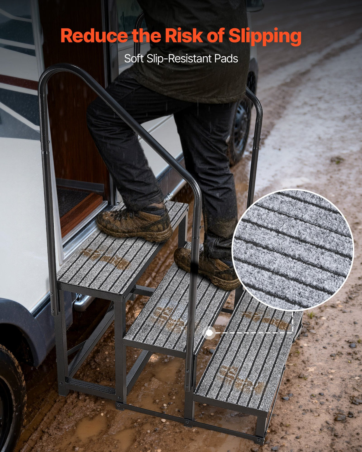 VEVOR RV Steps with Dual Handrails, 3 Steps, 300 kg Load Capacity, Heavy Duty Outdoor RV Stairs with Non-Slip Mat for Elderly/Pets, Portable Stairs for Hot Tub, Camper, Mobile Home, Porch, Pool, SPA