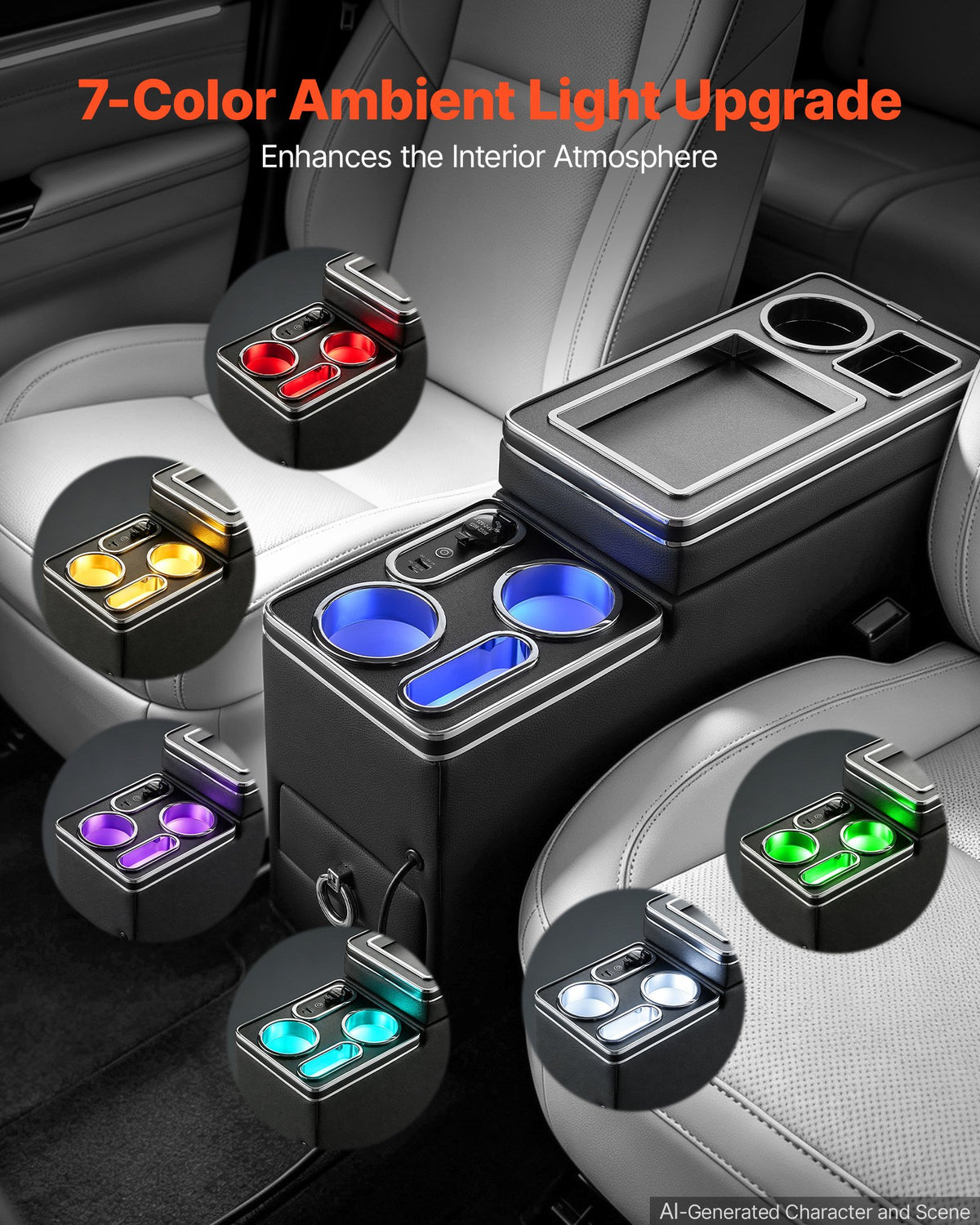 VEVOR Center Console Storage Box Between Seat with 7-Color Ambient Lights, USB/Type-C/Cigarette Lighter Charging, Floor Console Tools Organizer with Cups & Phone Holder for Trucks, SUVs, Minivans