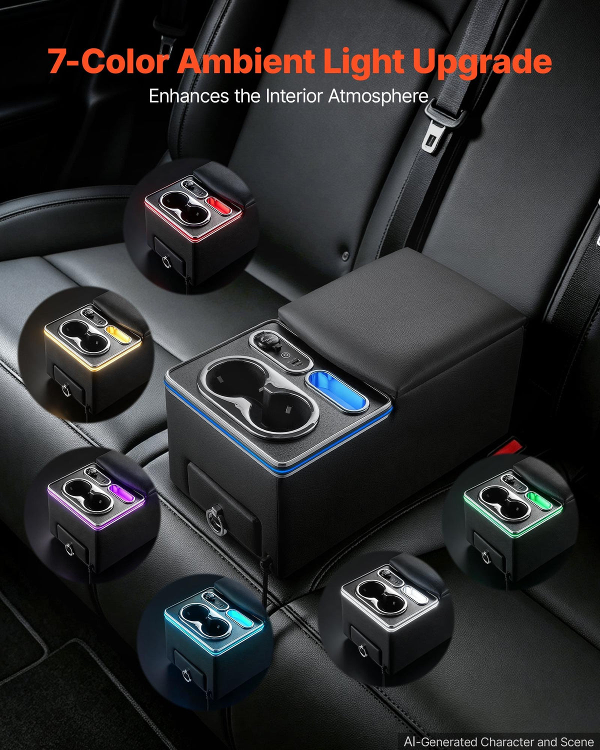VEVOR Universal Rear Bench Seat Center Console with 7-Color Ambient Lights, USB/Type-C/Cigarette Lighter Charging, Back Seat Central Console Organizer with Cup & Phone Holders for MPV, Sedan, SUV