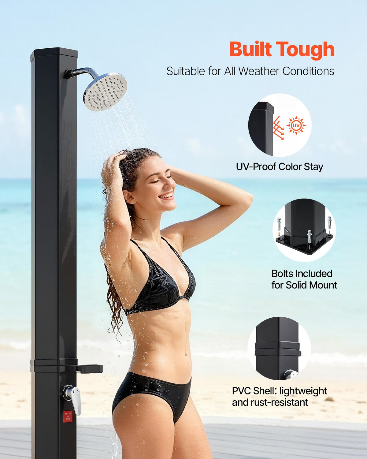 VEVOR 35L Solar Heated Shower, 195cm Showerhead Height Outdoor Shower, with Foot Faucet & Soap Box Rack, Hot & Cold Water Adjustment, Freestanding for Backyard Poolside Beach Pool,Black