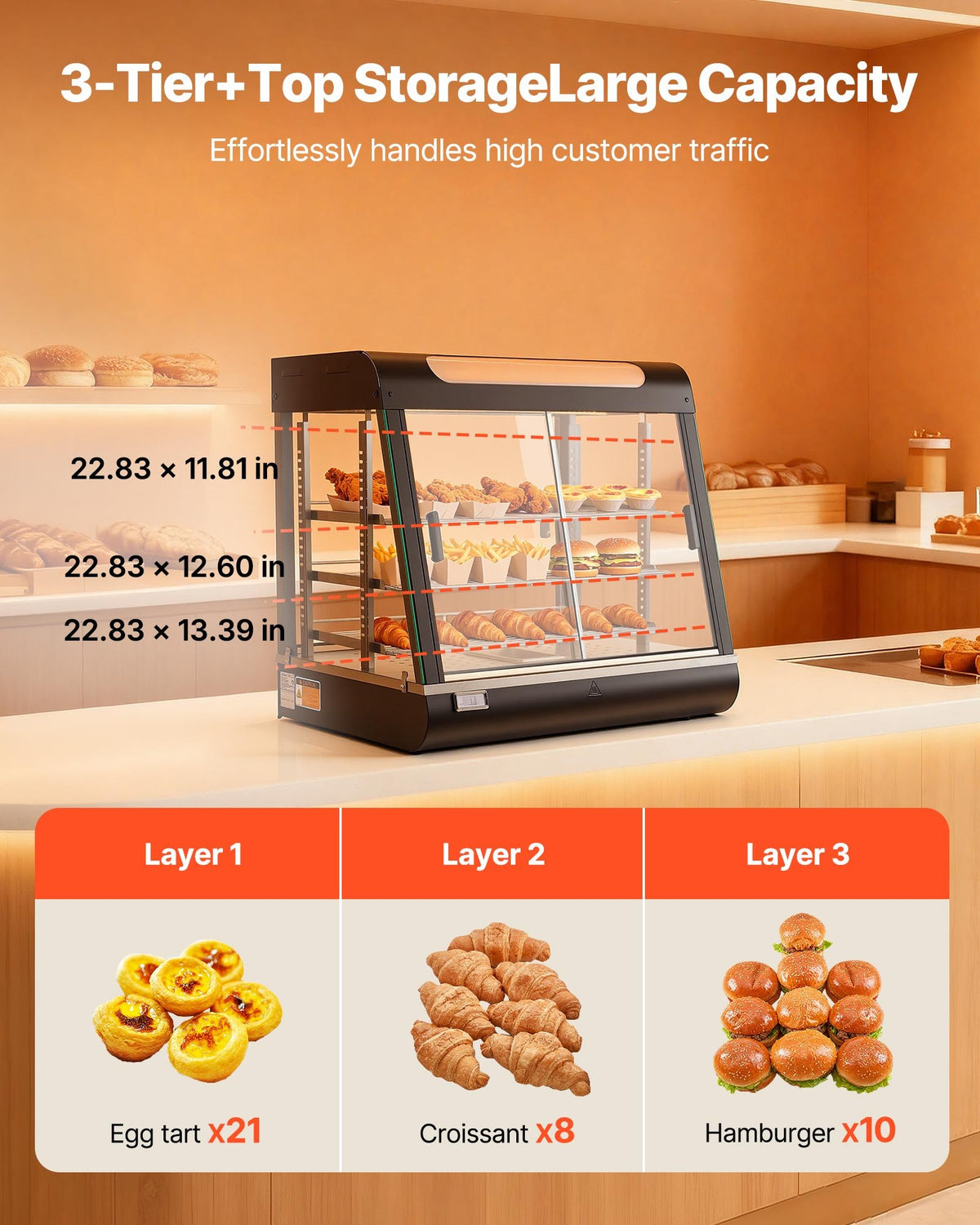 VEVOR 3-Tier Commercial Food Warmer Display, 1200W Food Display Warmer with LED Light, Top Storage and Adjustable Shelves, 30-85℃ Steam Heating, 106Qt/100L for Hamburger, Pizza, Bread, Fried Chicken