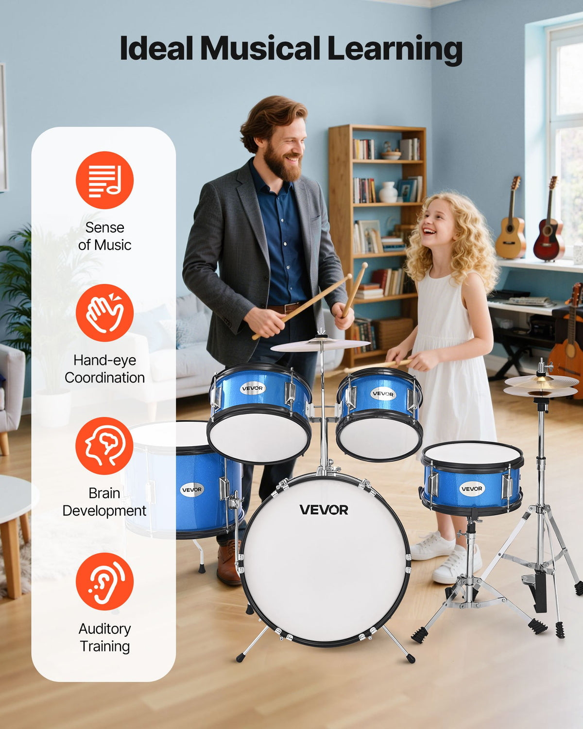 VEVOR Kids Drum Set, 5-Piece 16 in / 406.4 mm Junior Drum Sets, Beginner Drums Set with Adjustable Throne and Two Pairs of Drumsticks, Musical Learning Drums Instruments Kit, for Children Ages 6-13 (Blue)