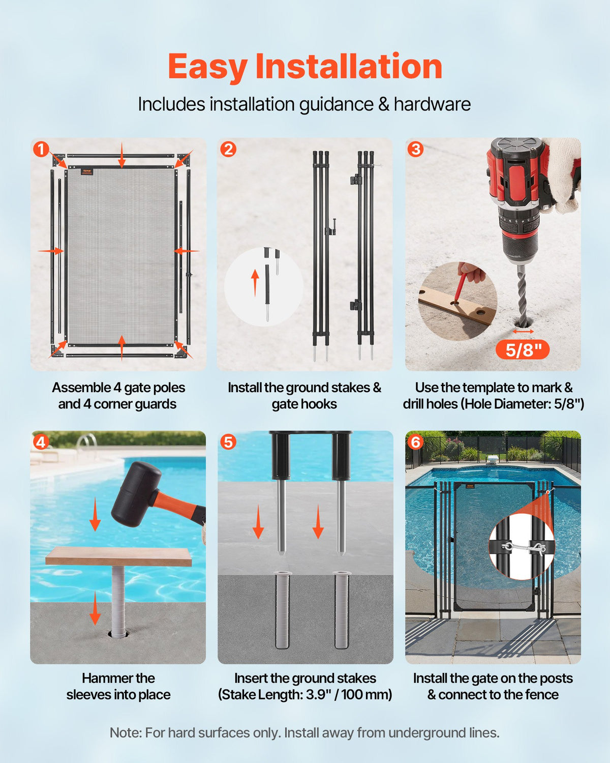 VEVOR Pool Fence Gate, 1.2 x 0.75 m Inground Swimming Pool Fences Gate, Outdoor Security Fencing Door Kit with Metal Latch, 352 gsm Teslin PVC Mesh, Round Tube, Lockable and Easy Installation, Black