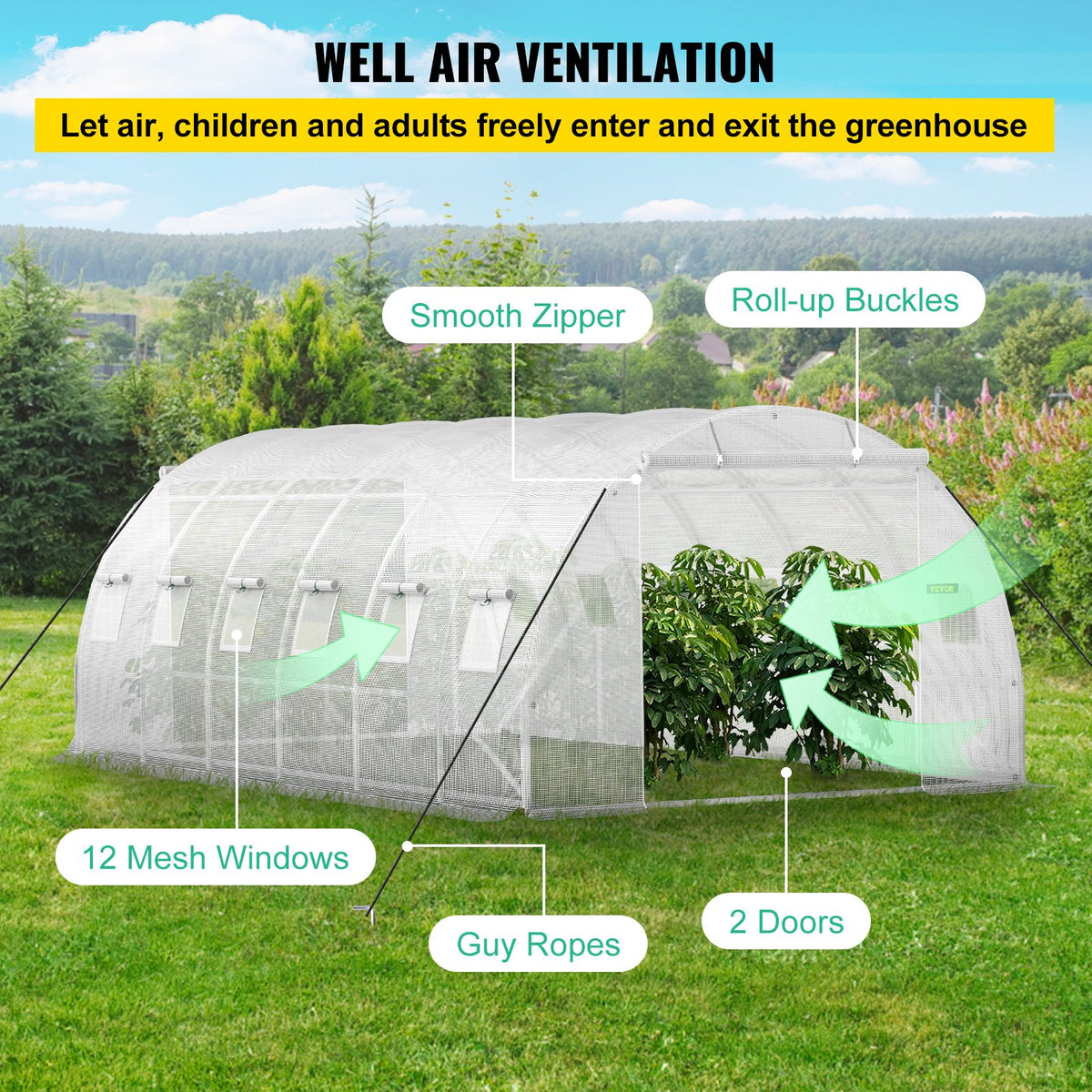 VEVOR Walk-in Tunnel Greenhouse, 609.6 x 304.8 x 213.4 cm Portable Plant Hot House w/ Galvanized Steel Hoops, 3 Top Beams, 4 Diagonal Poles, 2 Zippered Doors & 12 Roll-up Windows, White