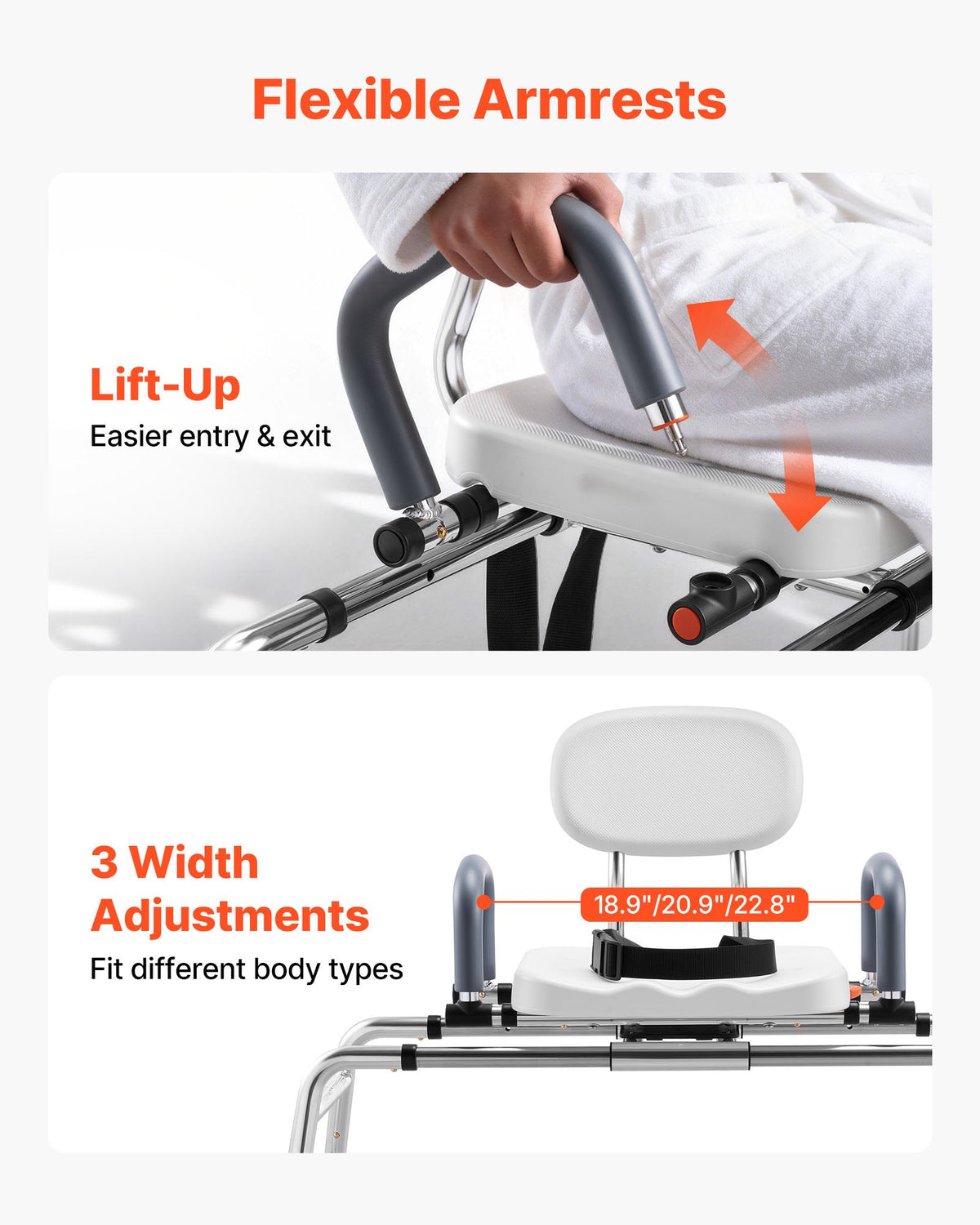 VEVOR Sliding Shower Chair, 180 kg Tub Transfer Bench for Bathtub with Swivel Seat, Shower Bench with Pivoting Arms and Backrest, Height & Width Adjustable for Handicap, Seniors, Elderly and Disabled