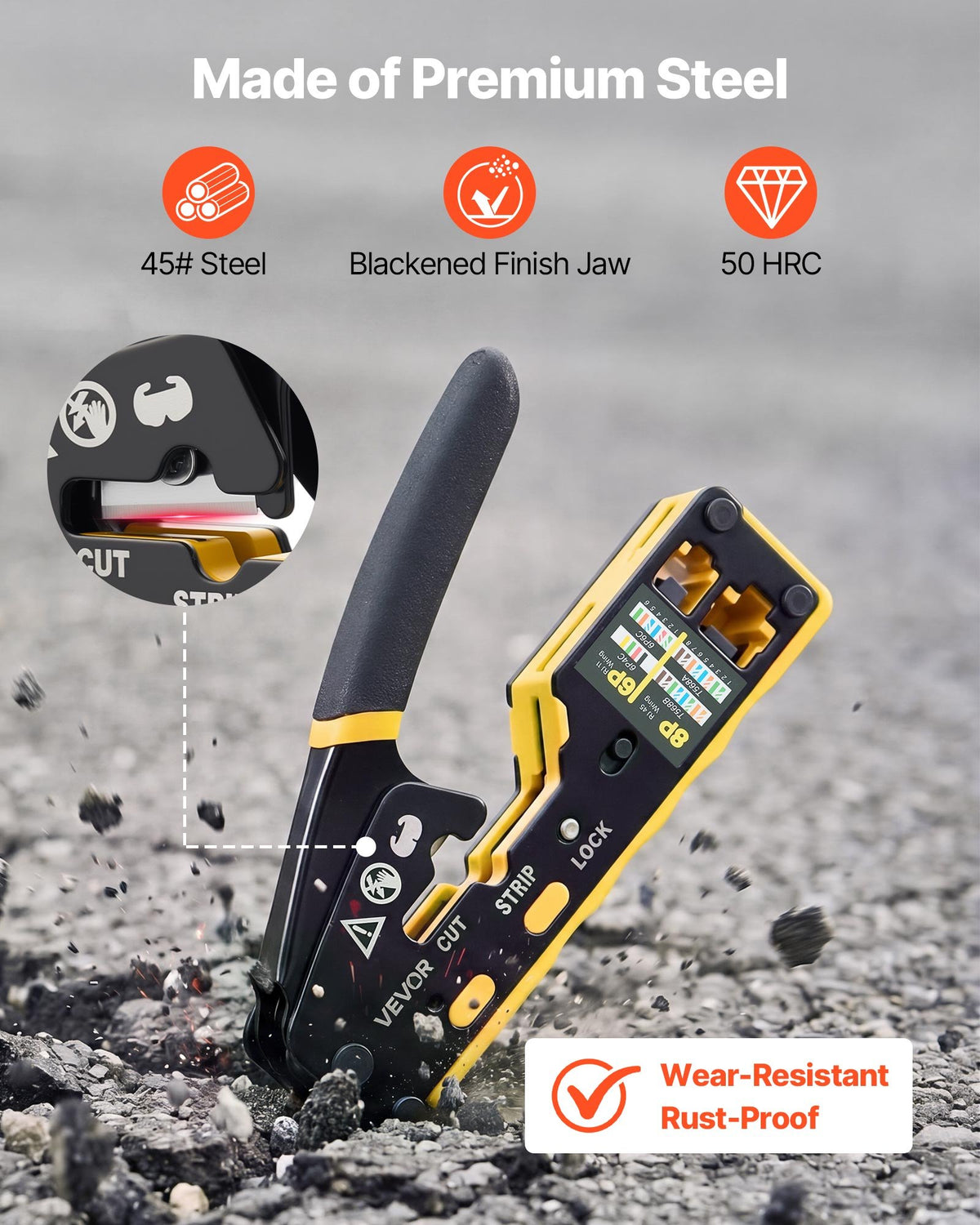 VEVOR Crimping Tool, RJ45/RJ11/RJ12 Ethernet Crimper, Crimp Tool Kit for 4/6/8-Pin Modular Plugs, with Mini Wire Stripper, 50 Connectors and 50 Boots, Replacement Blades, and Network Cable Tester