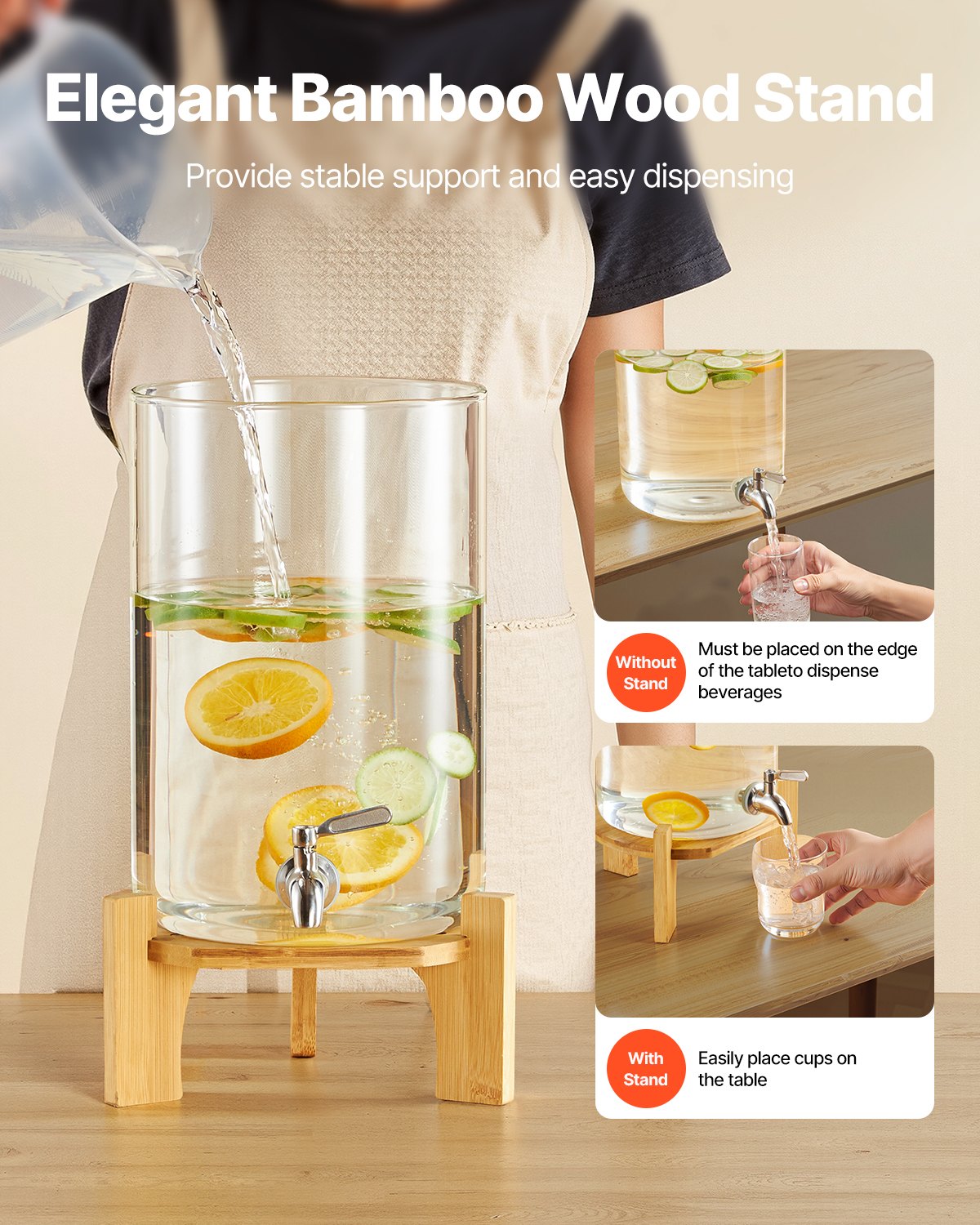 VEVOR Beverage Dispenser, 8L Drink Dispensers for Parties, Glass Juice Dispenser with Wood Stand, Stainless Steel Spigot, Iced Tea Lemonade Juice Water Dispensers for Parties