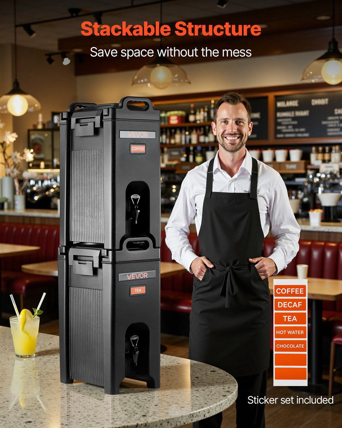 VEVOR Insulated Beverage Dispenser, 5 Gal/19L Hot and Cold Beverage Server with Spigot & Handle, Food-Grade Thermal Drink Dispenser Cooler for Tea Coffee Water in Cafes & Restaurants, 2 Pack, Black